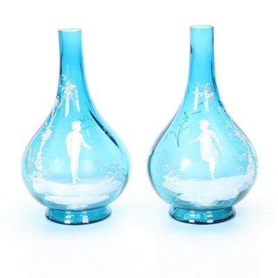 Mary Gregory Style Enameled Blue Glass Vases