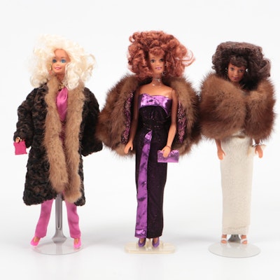 Mattel Barbies with Custom Made and Styled Hair, Clothing, Furs and Jewelry