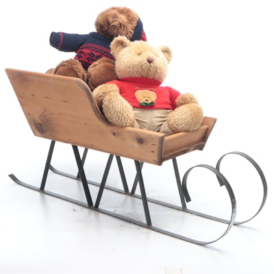 Two Plush Teddy Bears with Wooden Winter Sled