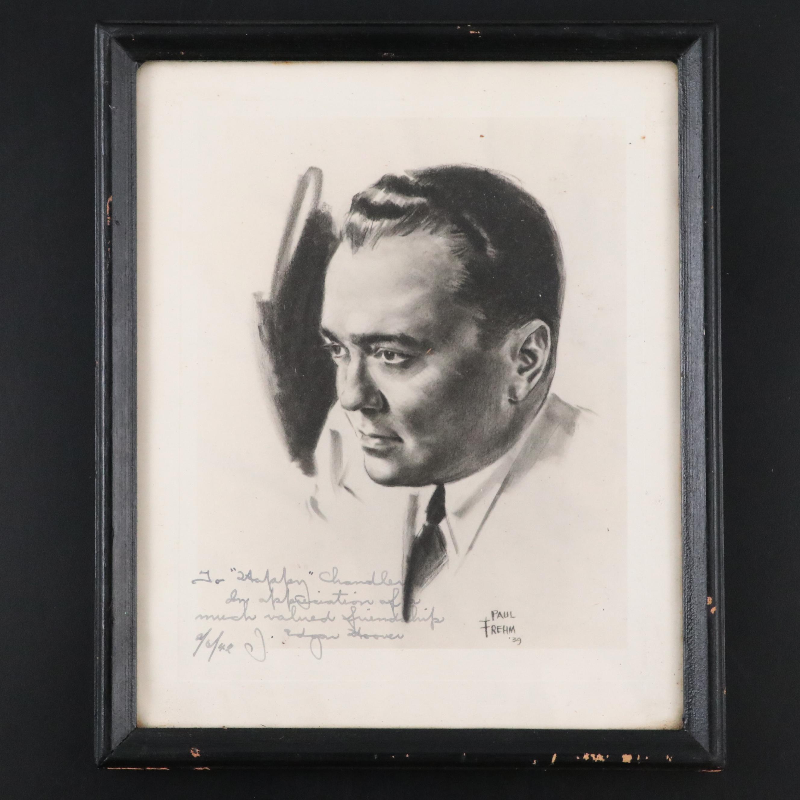 J. Edgar Hoover Signed Sketch by Paul Frehm, 1942