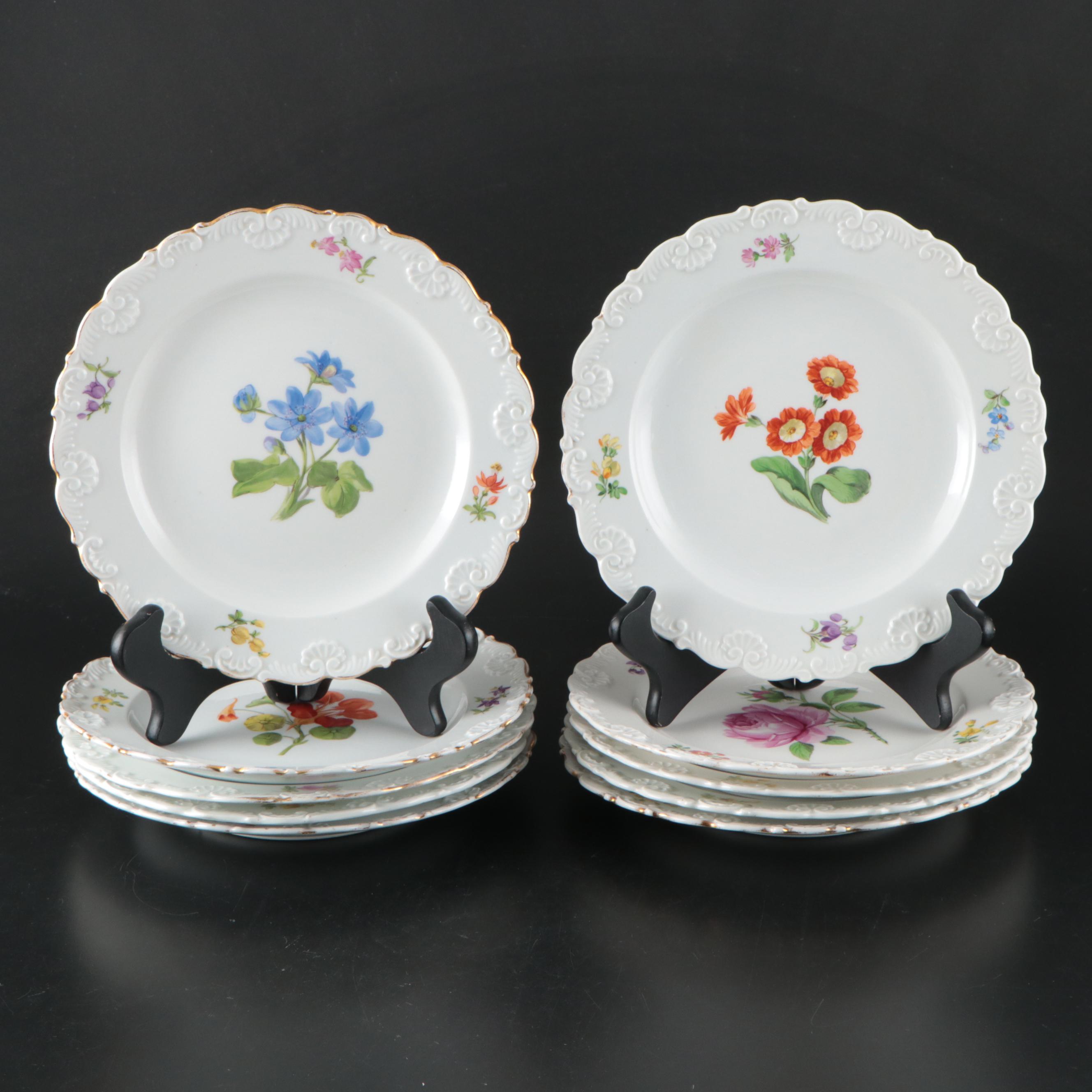 Meissen Hand-Painted Floral Pattern Porcelain Plate Set