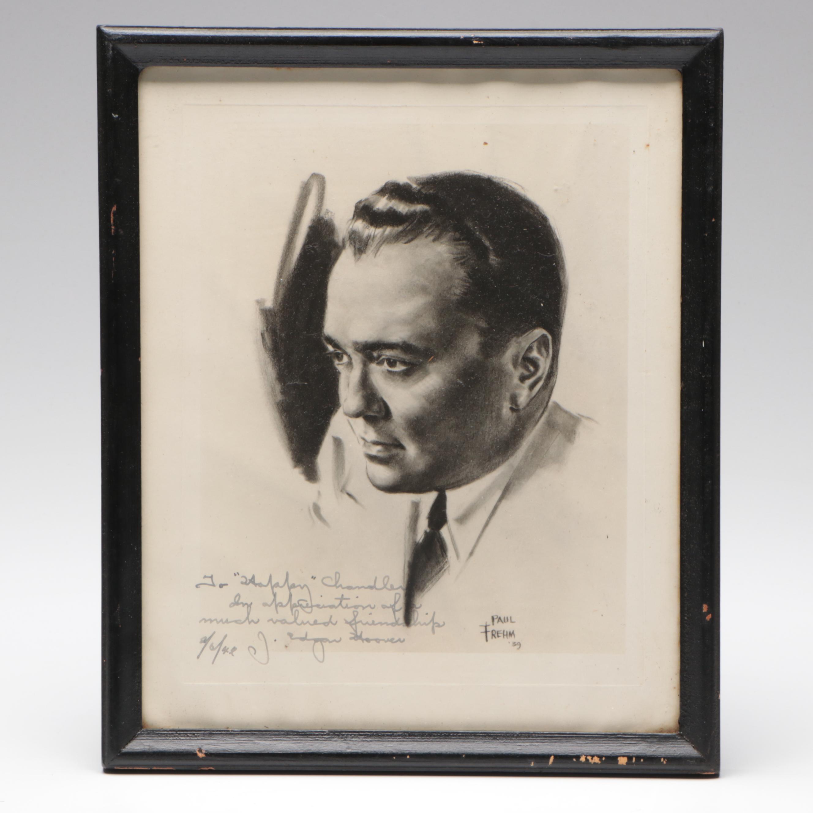 J. Edgar Hoover Signed Sketch by Paul Frehm, 1942