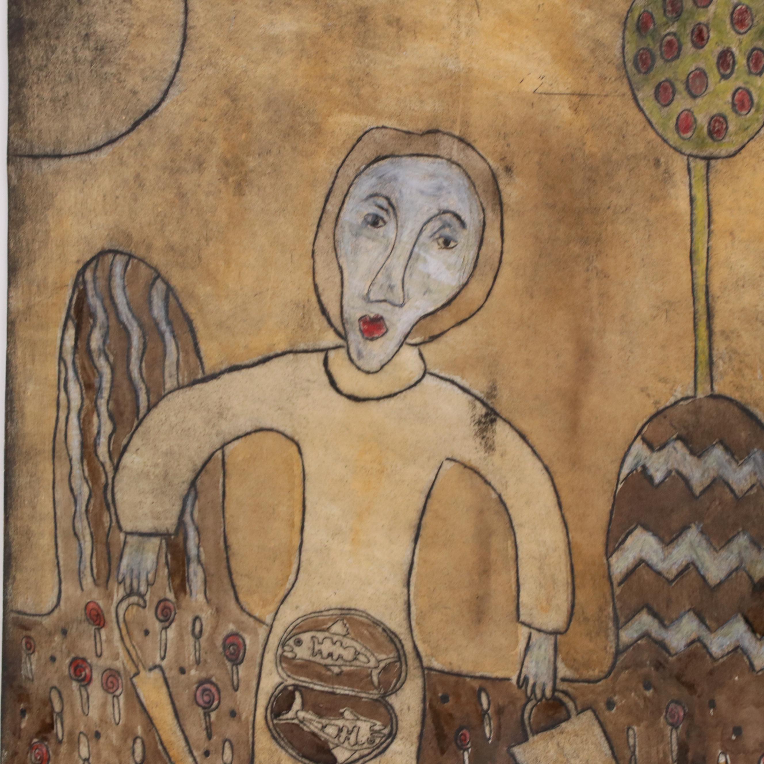 Modern Figural Embellished Intaglio Print, Mid 20th Century