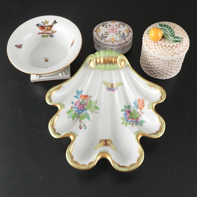 Herend "Queen Victoria" Shell Ring Dish w/ Footed Bowl & Portuguese Lidded Boxes
