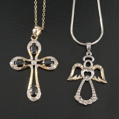 Sterling Sapphire and Diamond Cross and Angel Pendant Necklaces