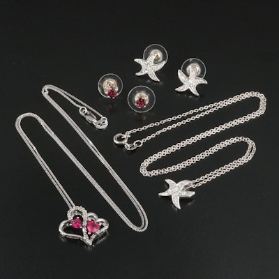 Sterling Pendant Necklace and Earrings Featuring Rubies and Diamonds