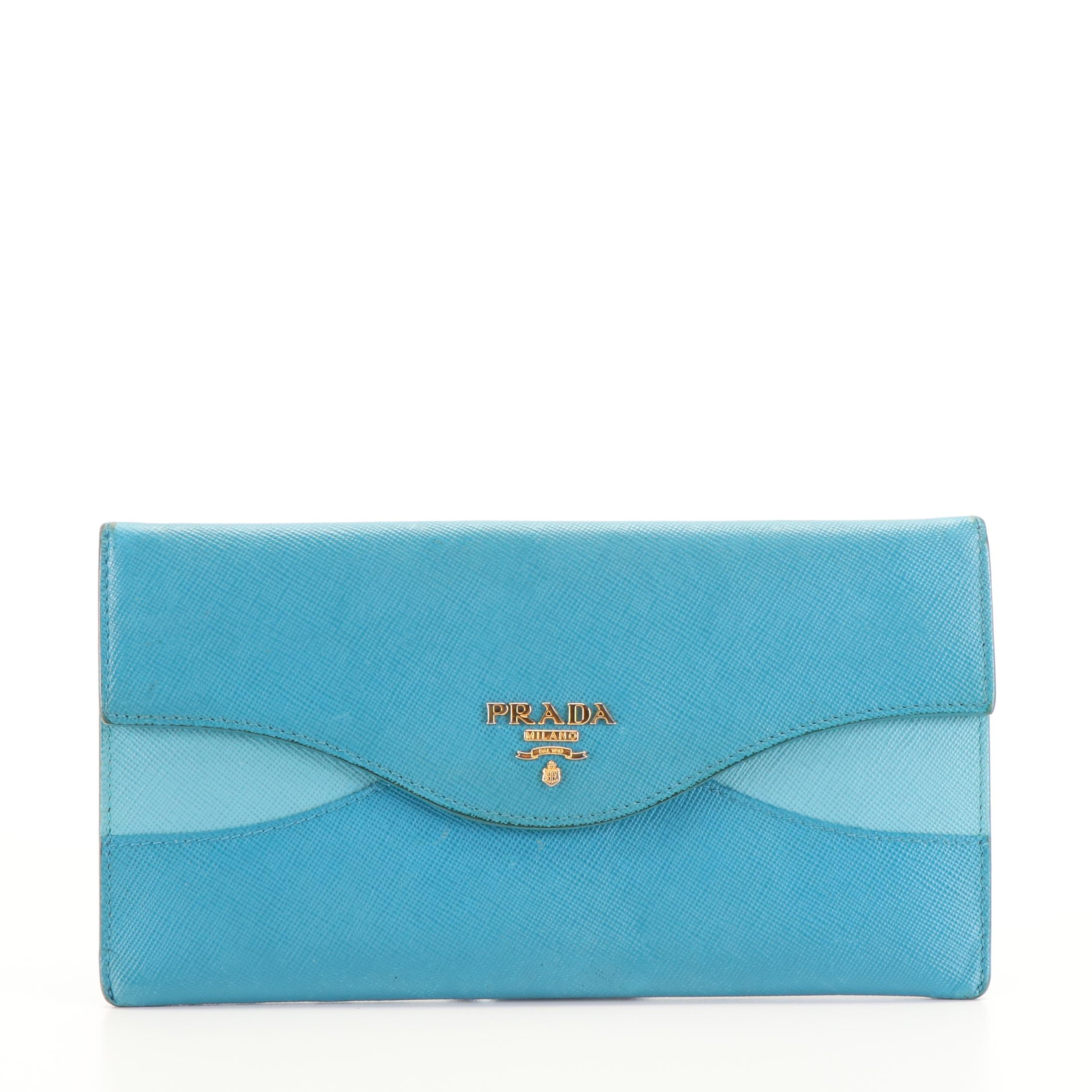 Prada Wave Long Wallet in Two-Tone Blue Saffiano Leather