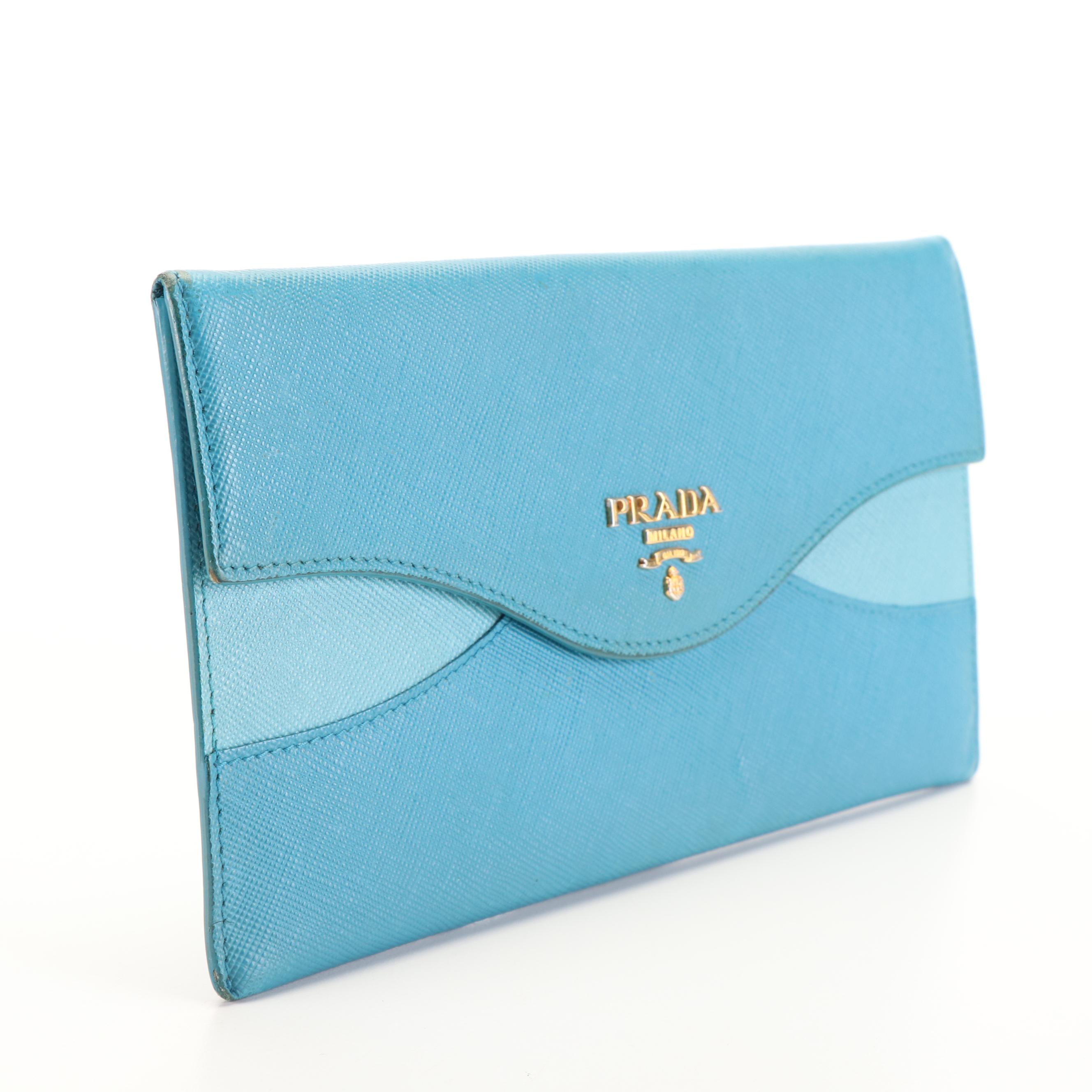 Prada Wave Long Wallet in Two-Tone Blue Saffiano Leather