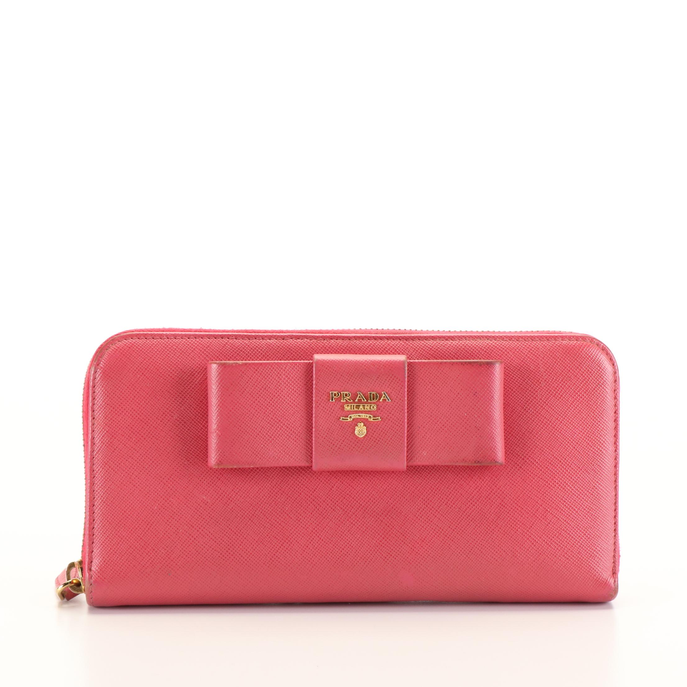 Prada Bow Zip Around Wallet in Peony Saffiano Leather