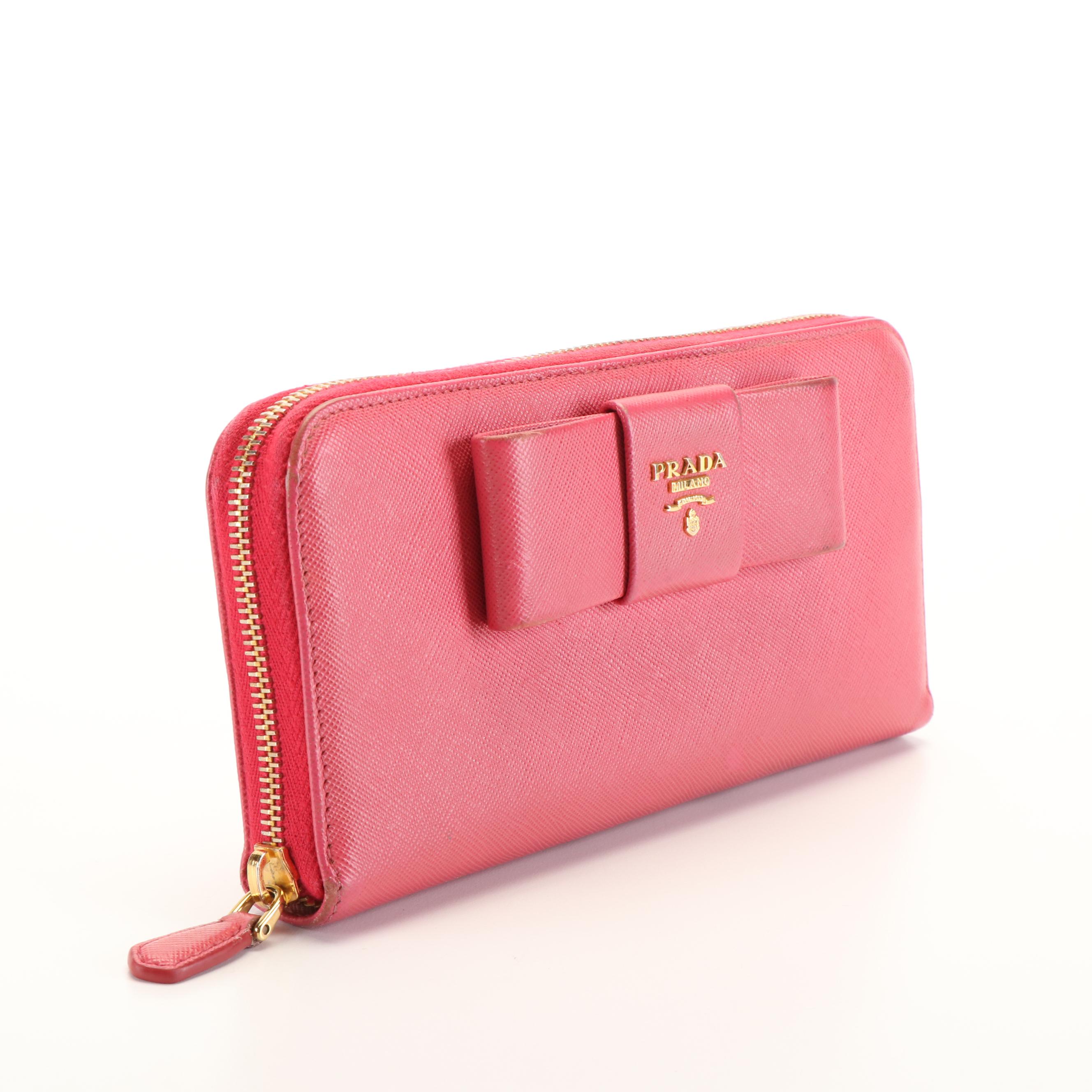 Prada Bow Zip Around Wallet in Peony Saffiano Leather
