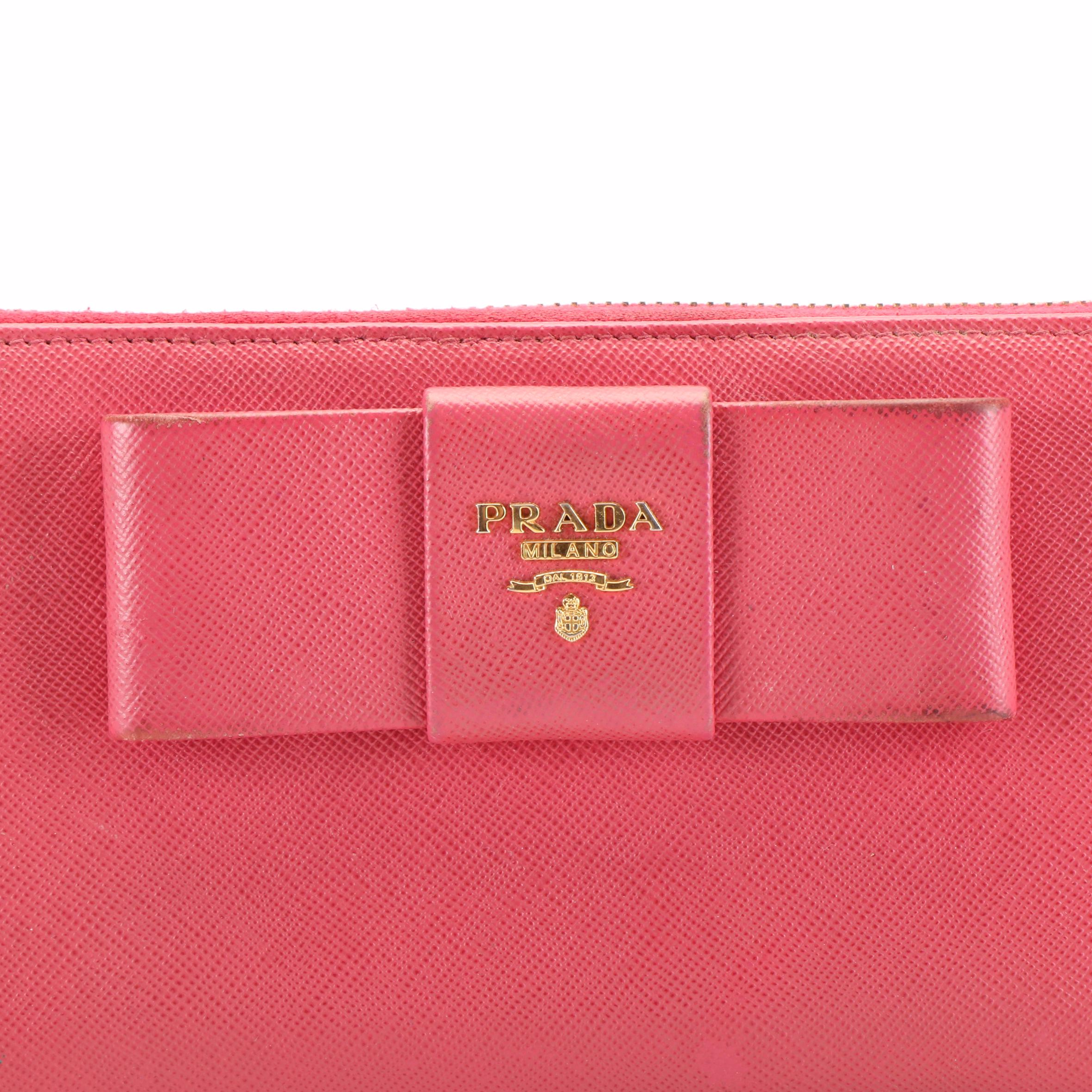 Prada Bow Zip Around Wallet in Peony Saffiano Leather