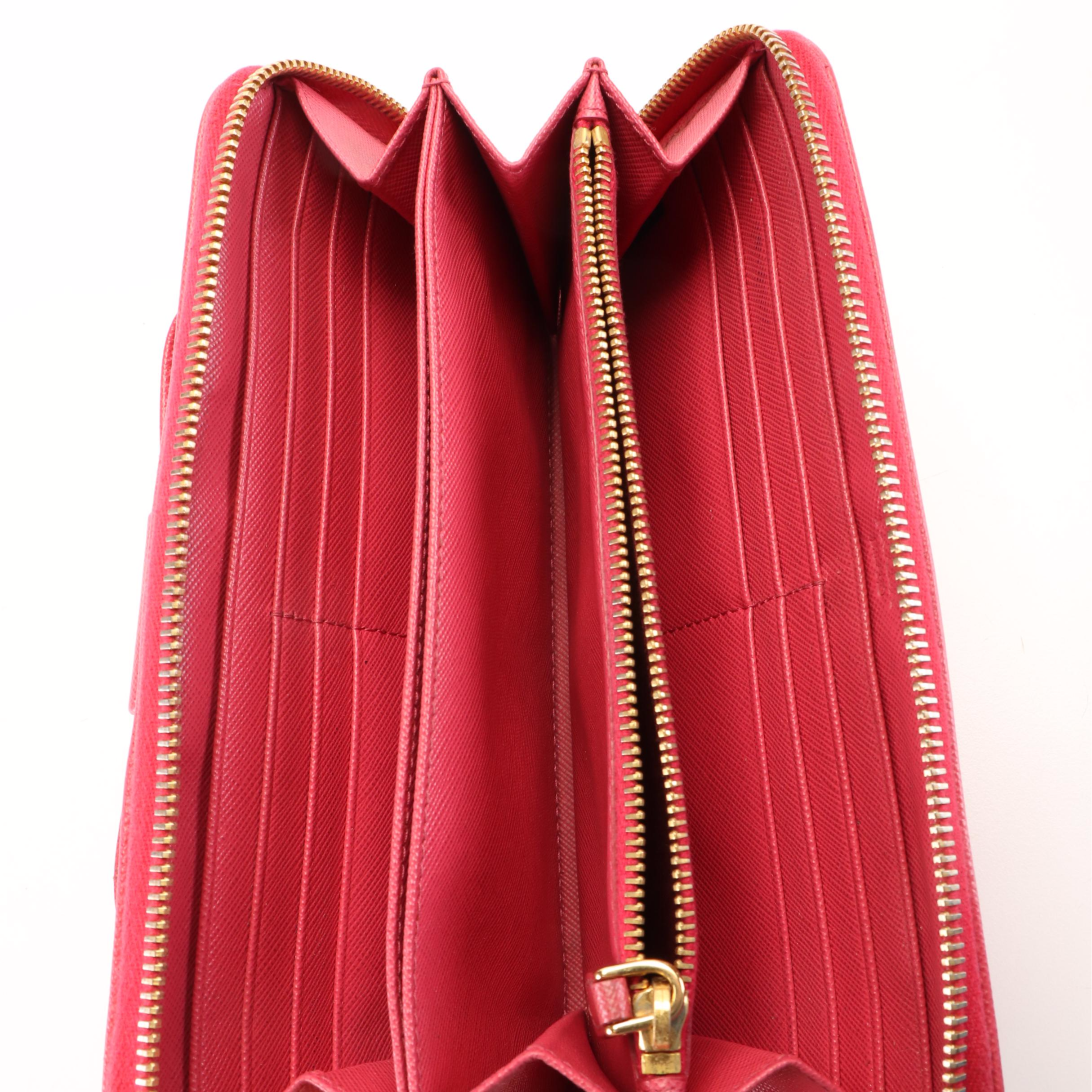 Prada Bow Zip Around Wallet in Peony Saffiano Leather