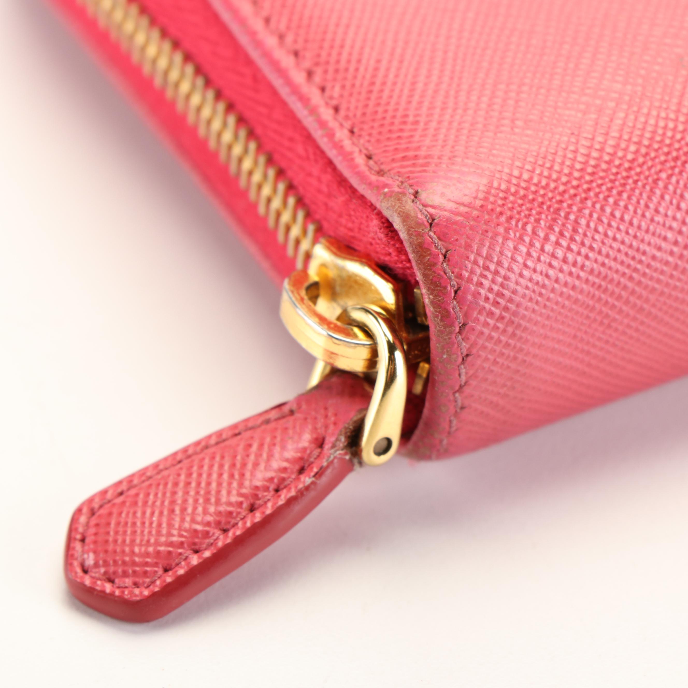 Prada Bow Zip Around Wallet in Peony Saffiano Leather