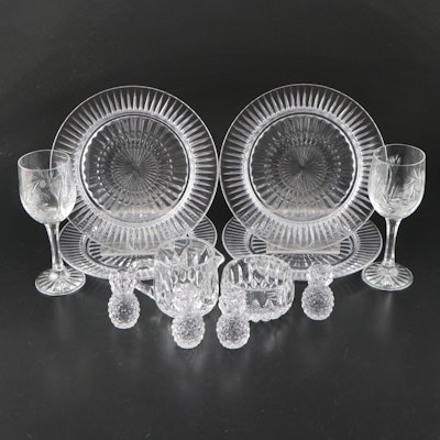 Crystal Salad Plates, Wine Glasses, Creamer and Sugar Set and Taper Holders