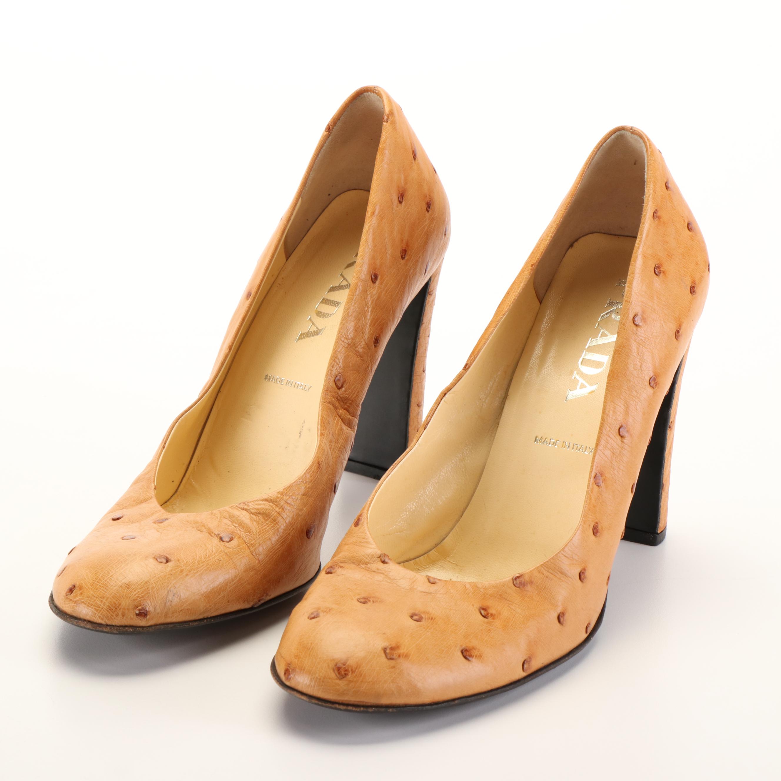 Prada High Heeled Shoes in Beige Ostrich Leather