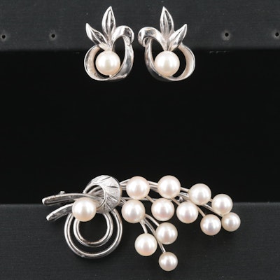 800 Silver Pearl Brooch and Earrings