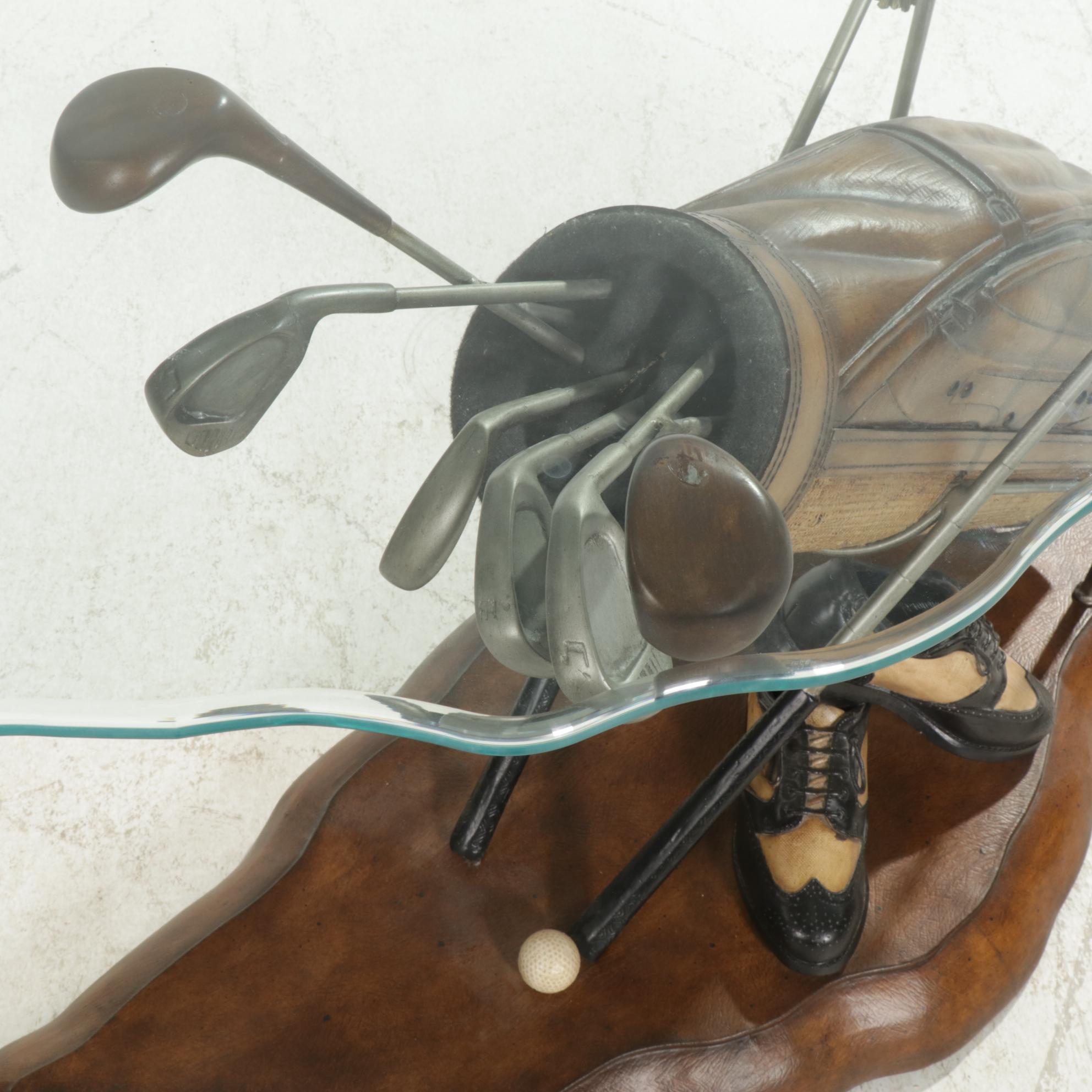 Golf-Themed Glass-Top Side Table with Golf Clubs and Balls