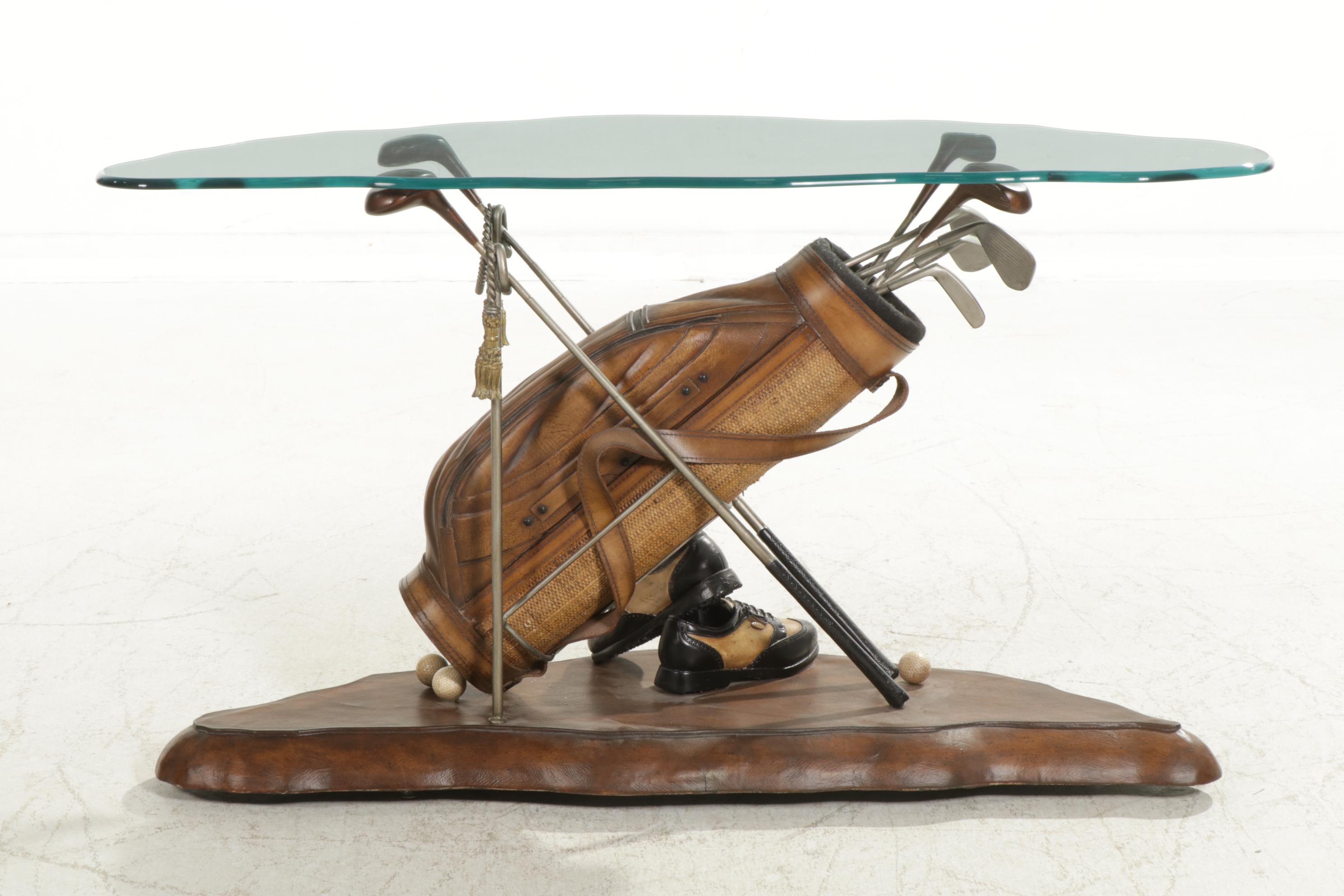 Golf-Themed Glass-Top Side Table with Golf Clubs and Balls