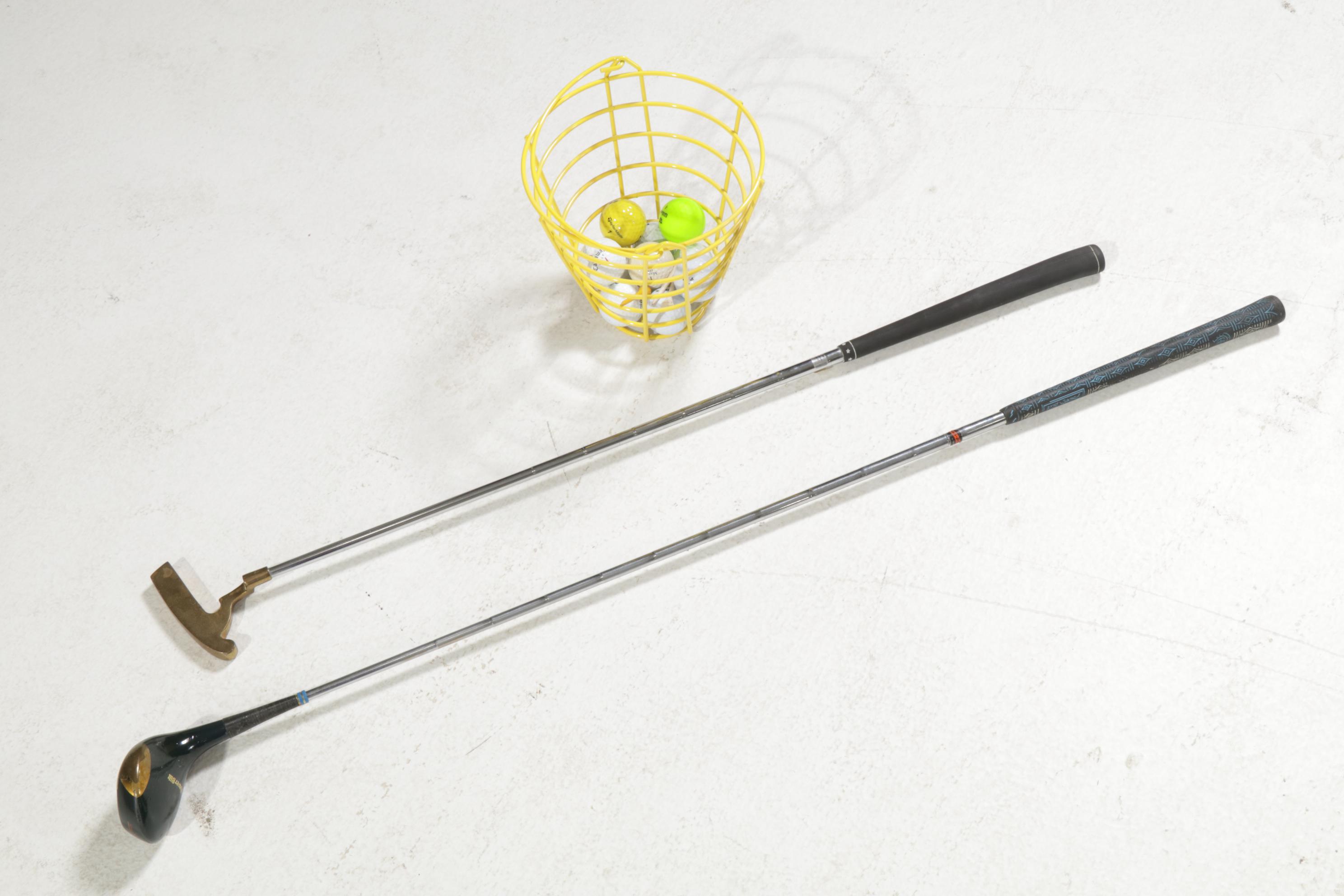 Golf-Themed Glass-Top Side Table with Golf Clubs and Balls