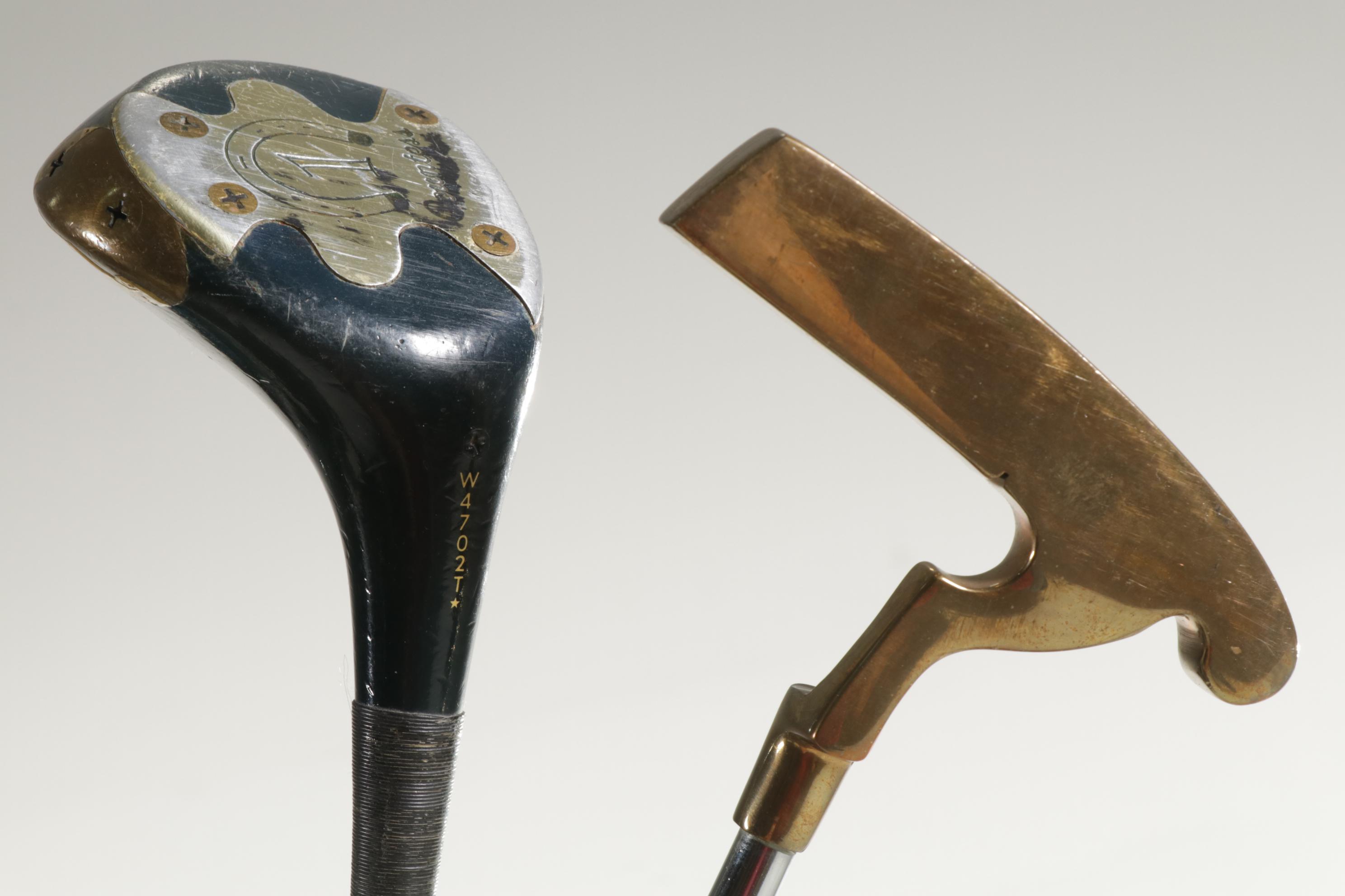 Golf-Themed Glass-Top Side Table with Golf Clubs and Balls
