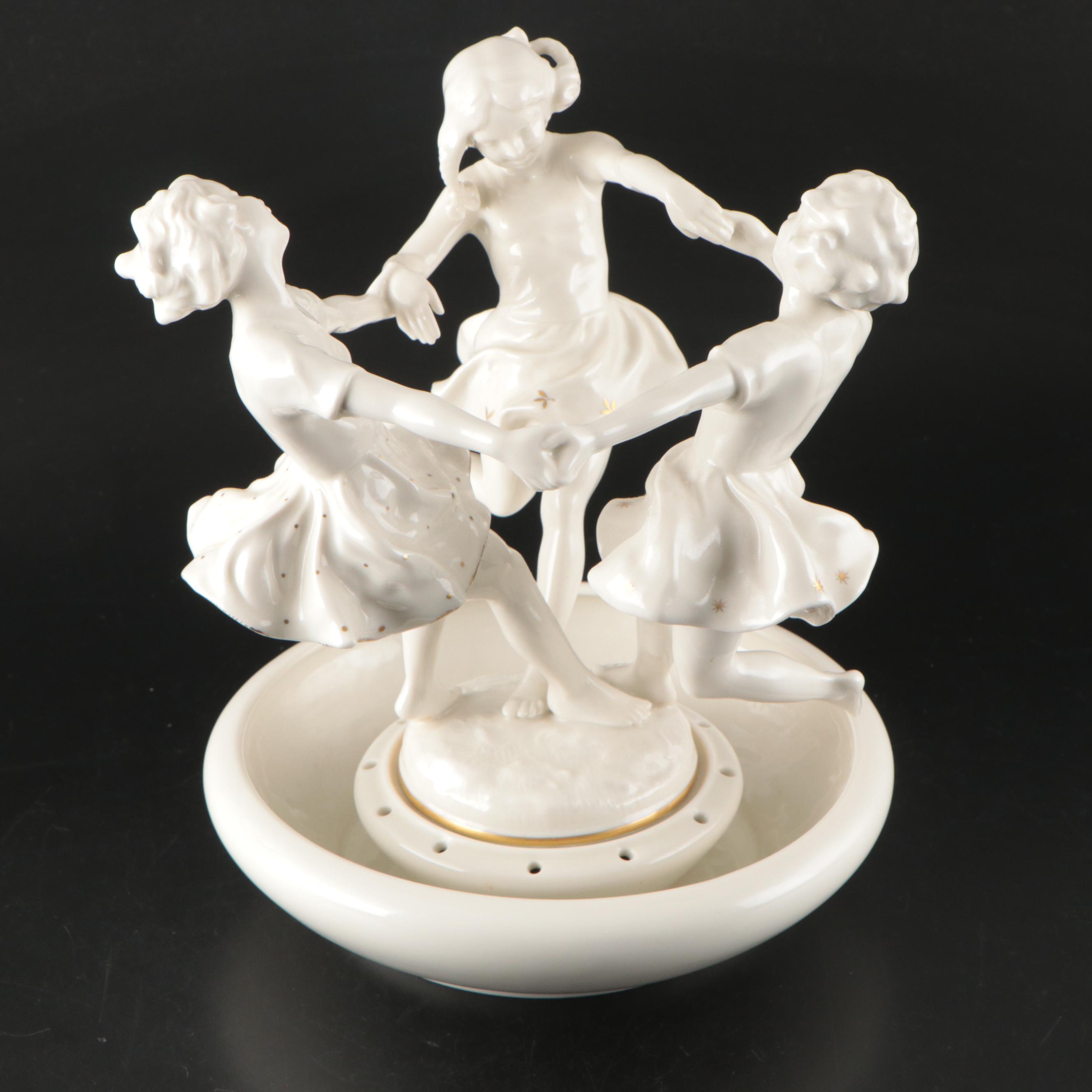 Karl Tutter for Hutschenreuther Porcelain "May Dance" Flower Frog and Bowl