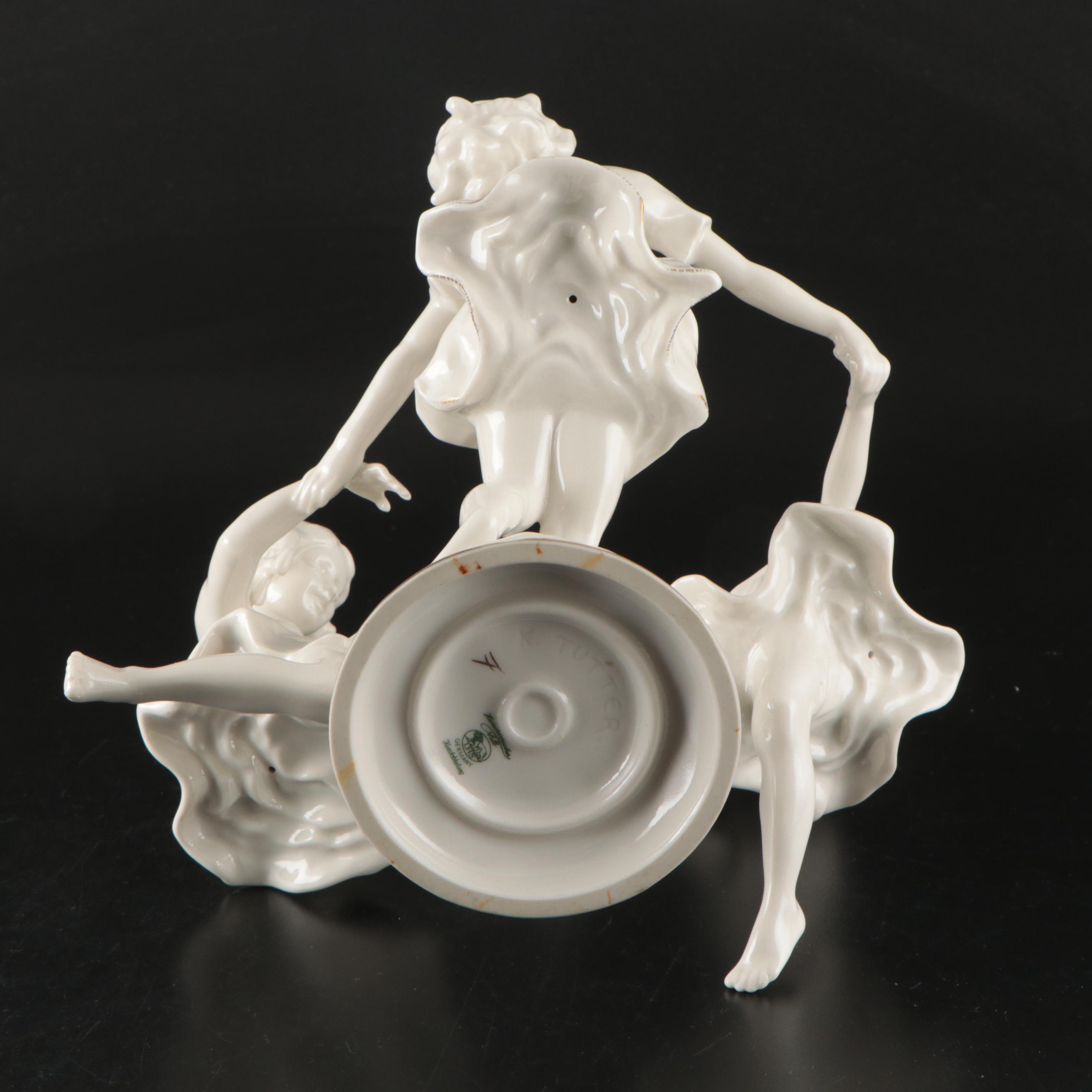 Karl Tutter for Hutschenreuther Porcelain "May Dance" Flower Frog and Bowl