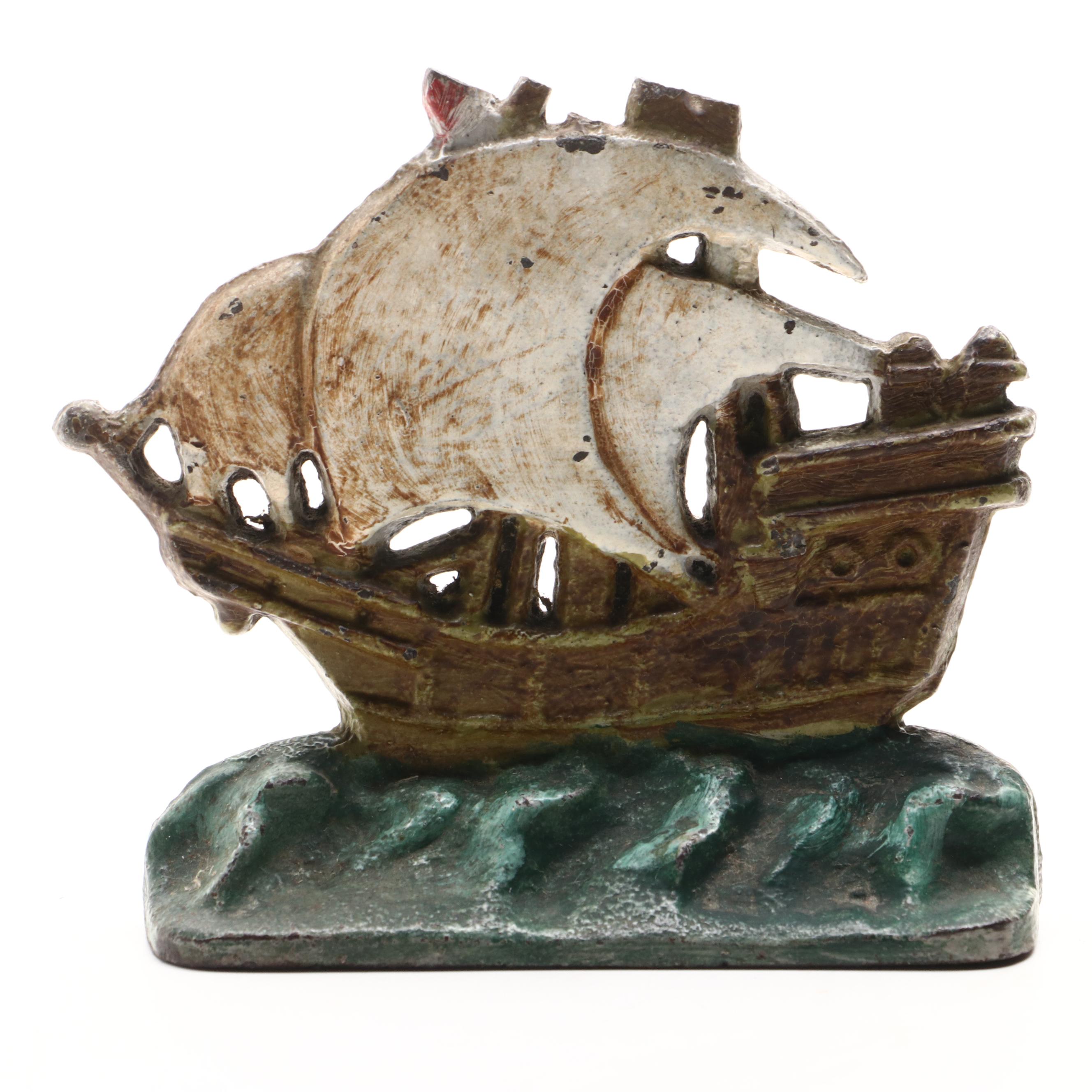 Metal "Spanish Galleon" and Other Ship Bookends, Early 20th Century
