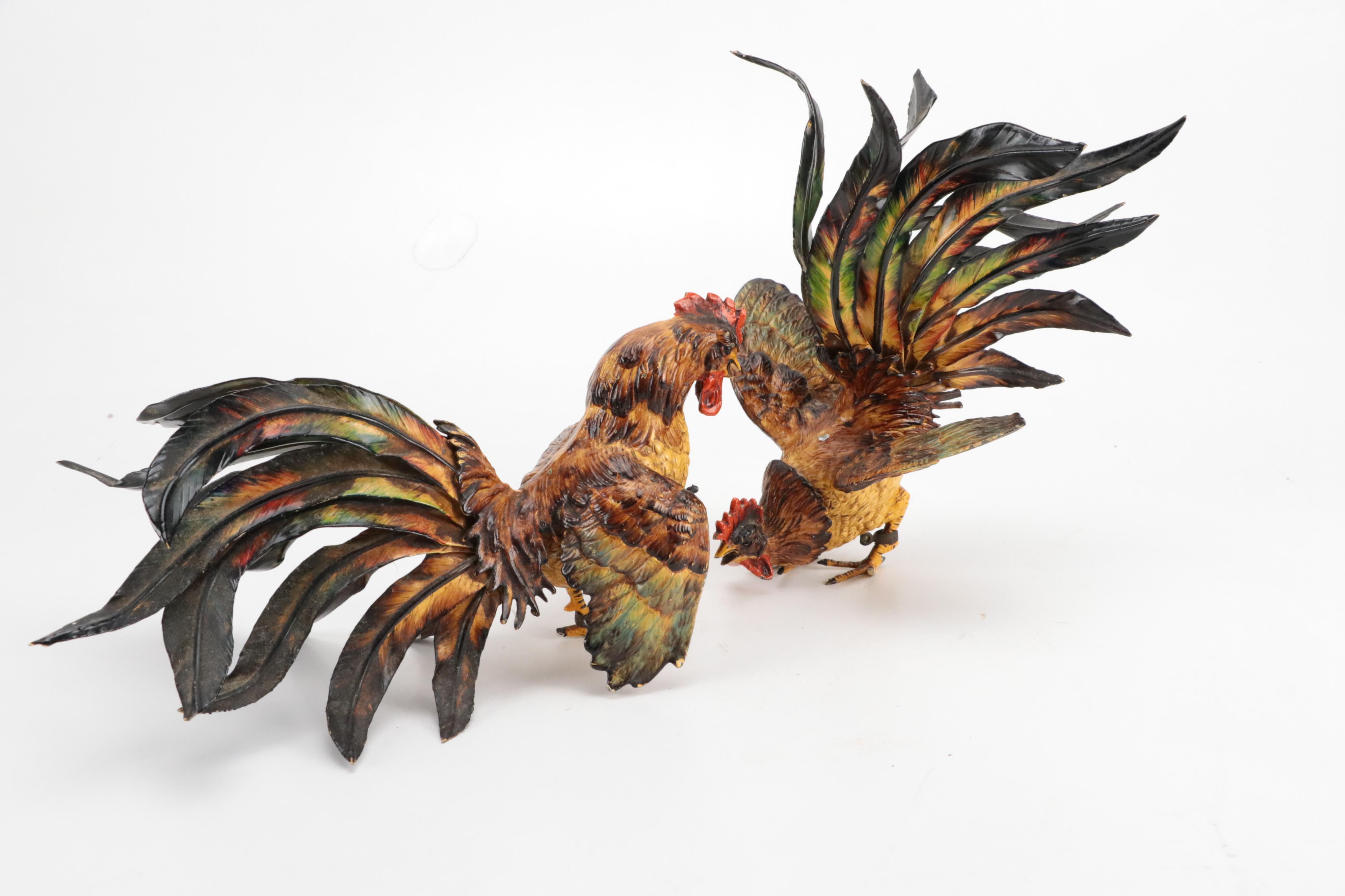 Victorian Style Enamel Metal Fighting Rooster Figurines, 20th Century