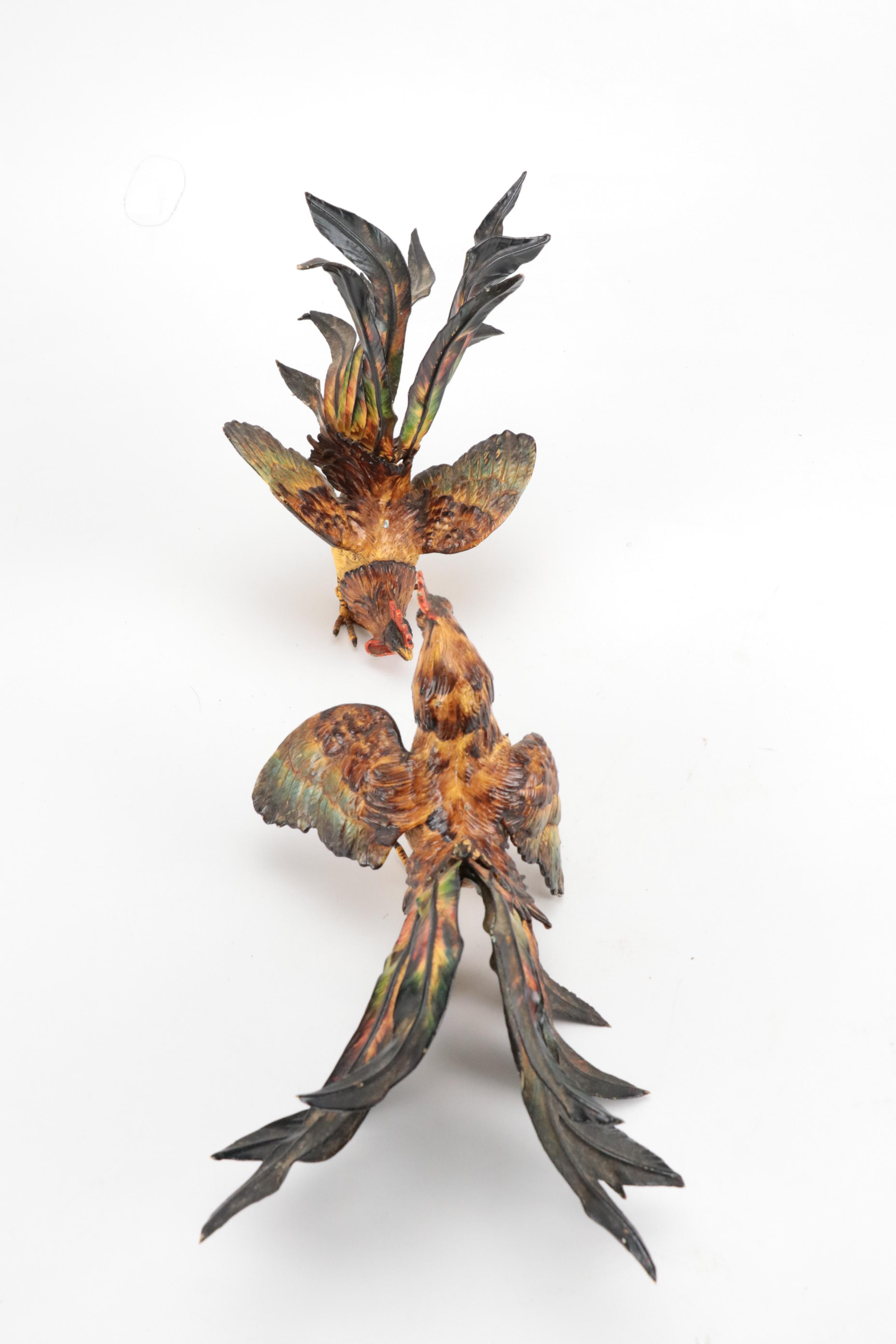 Victorian Style Enamel Metal Fighting Rooster Figurines, 20th Century