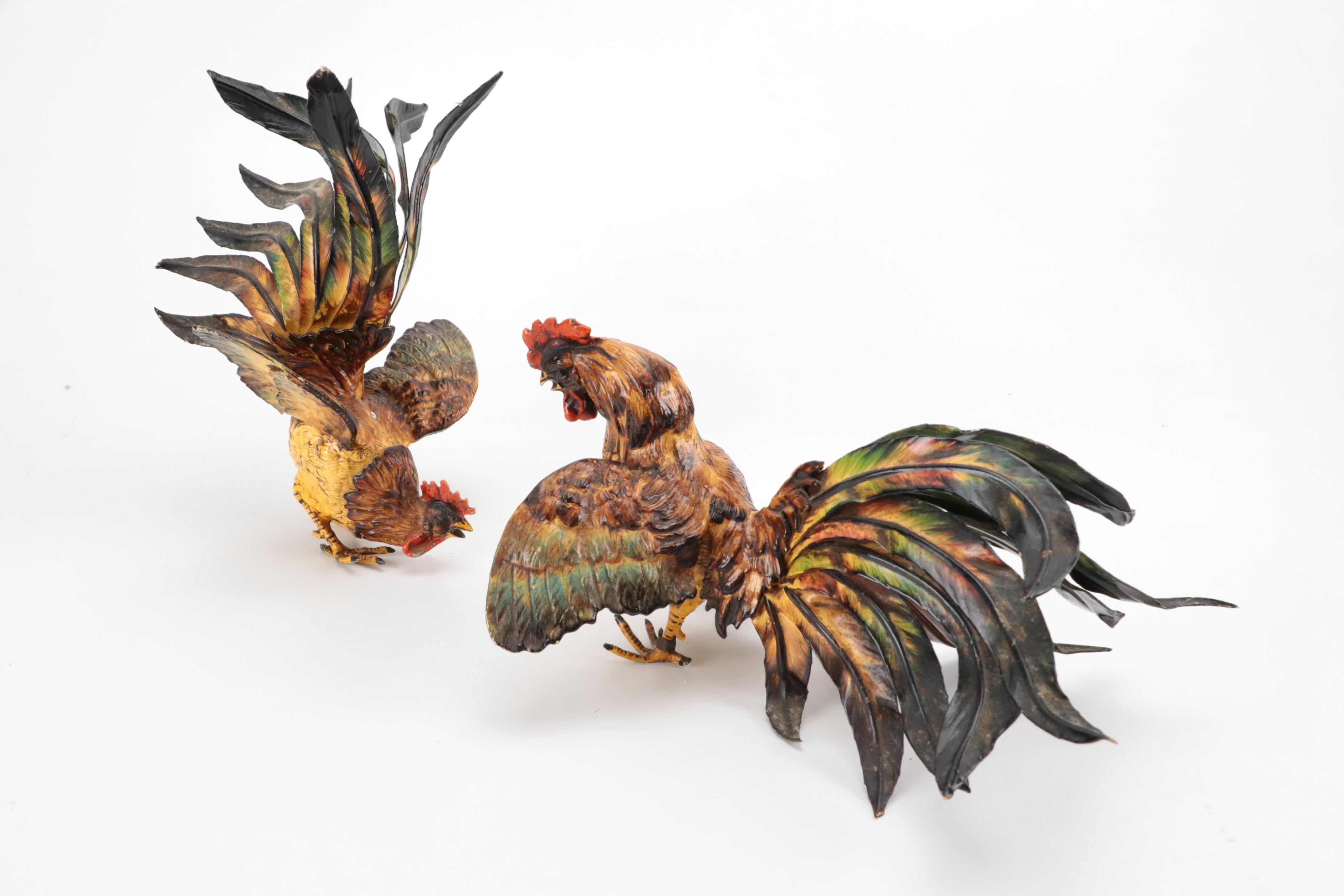 Victorian Style Enamel Metal Fighting Rooster Figurines, 20th Century