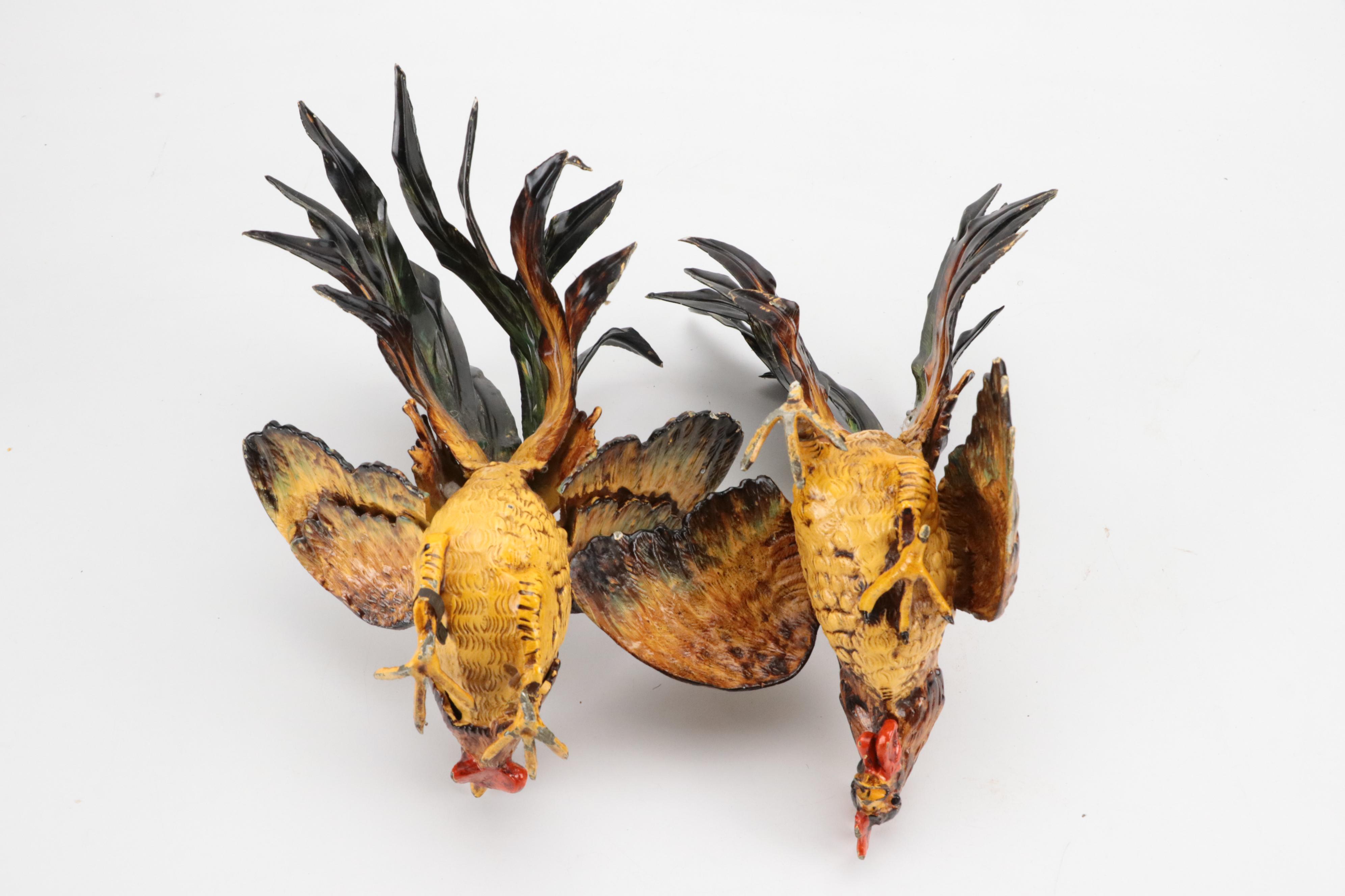 Victorian Style Enamel Metal Fighting Rooster Figurines, 20th Century