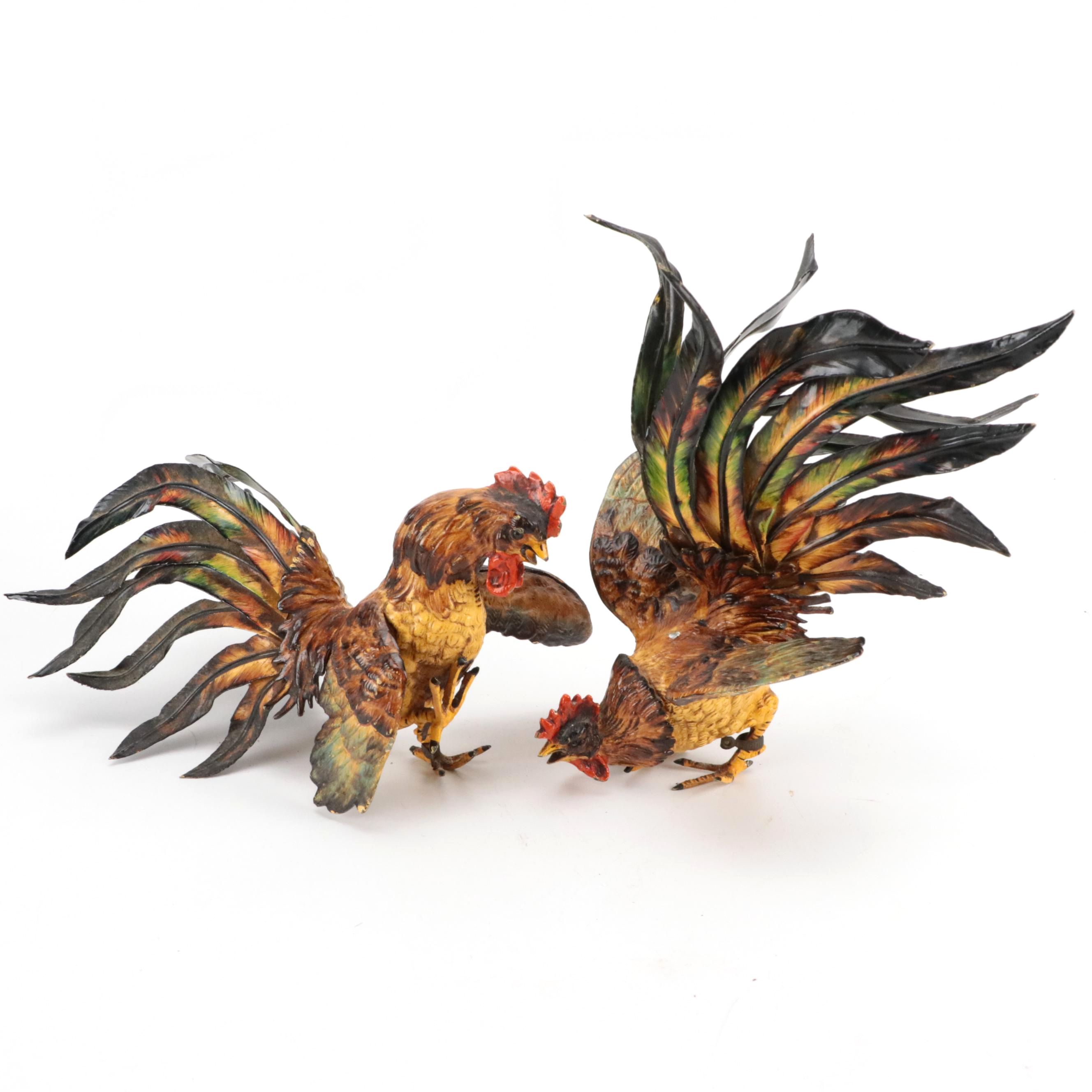 Victorian Style Enamel Metal Fighting Rooster Figurines, 20th Century
