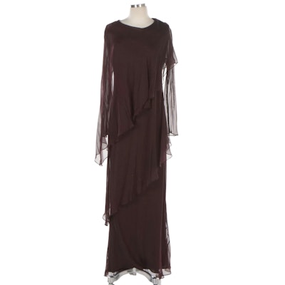 Silk Long Sleeve Occasion Dress with Round Neckline and Asymmetrical Overlay