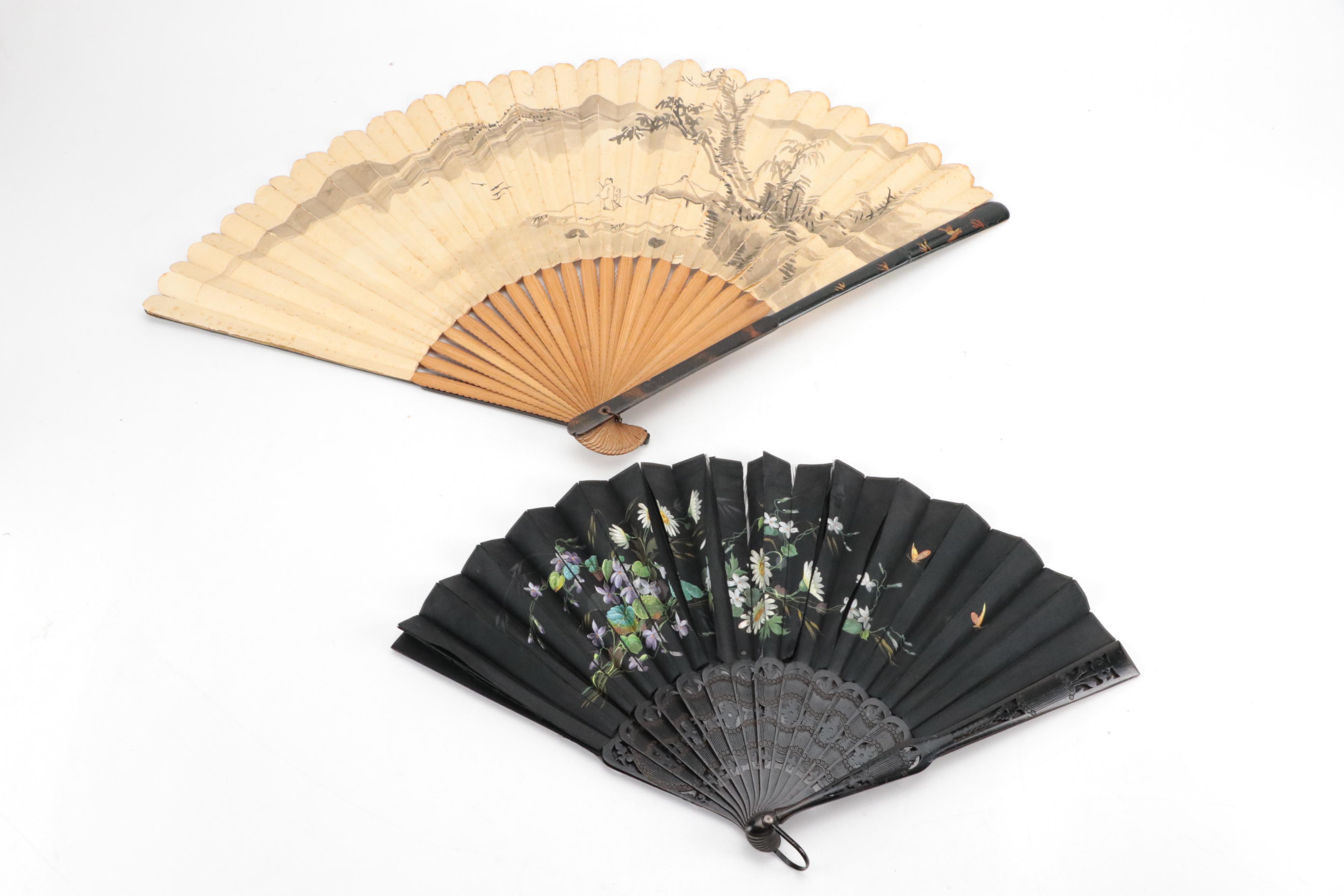 Hand-Painted Paper Folding Fan with Ebonized Wood Folding Fans
