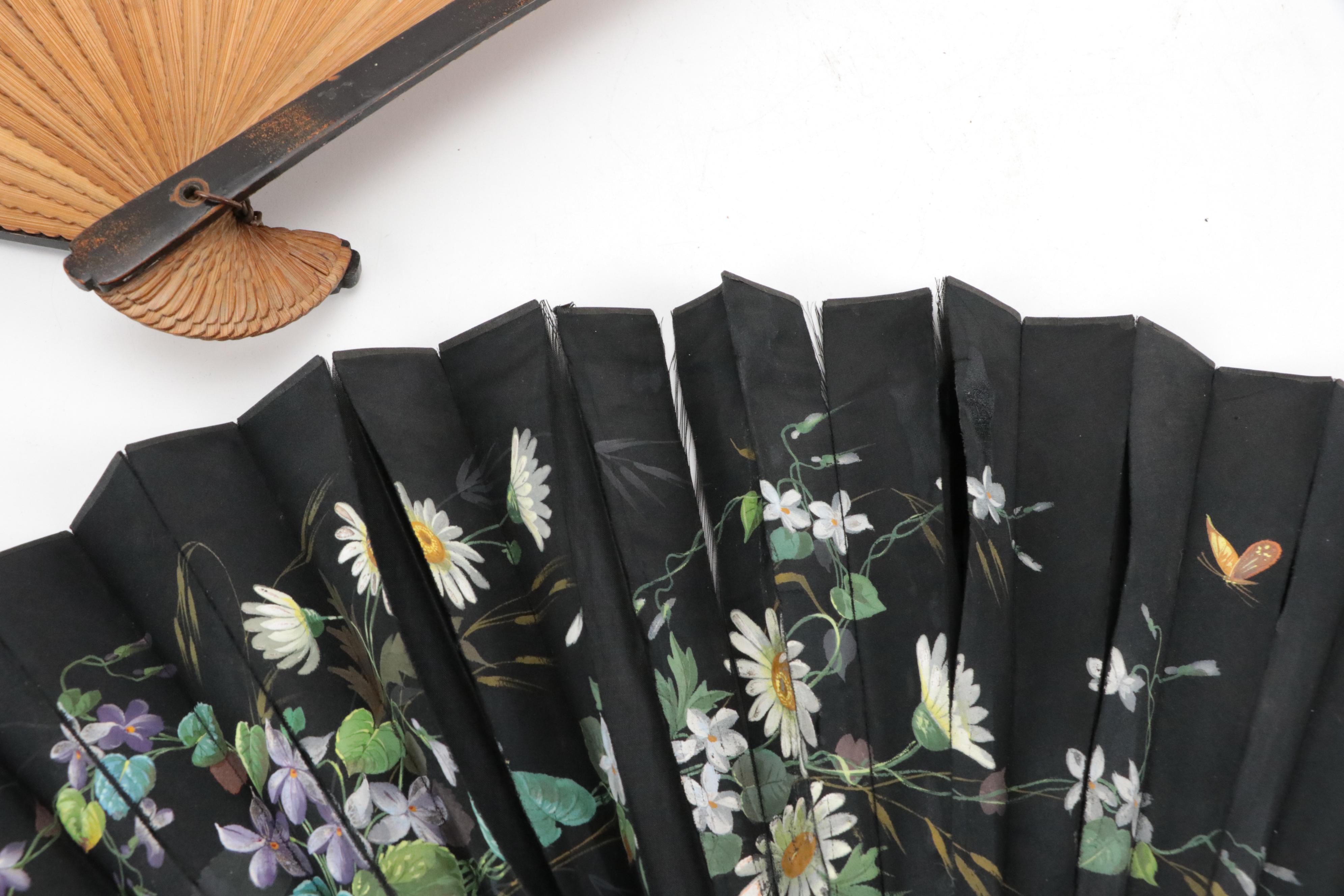 Hand-Painted Paper Folding Fan with Ebonized Wood Folding Fans