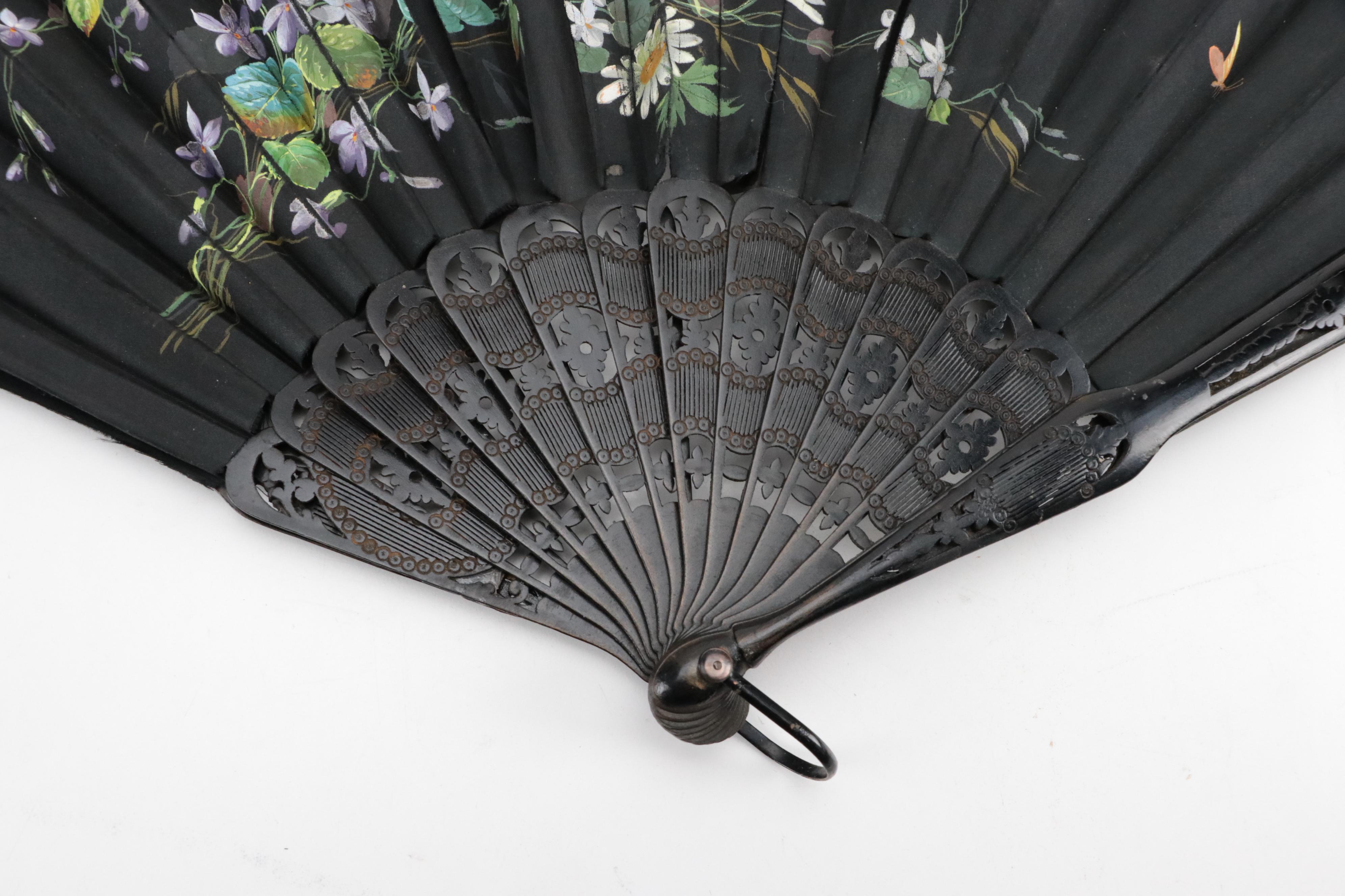 Hand-Painted Paper Folding Fan with Ebonized Wood Folding Fans