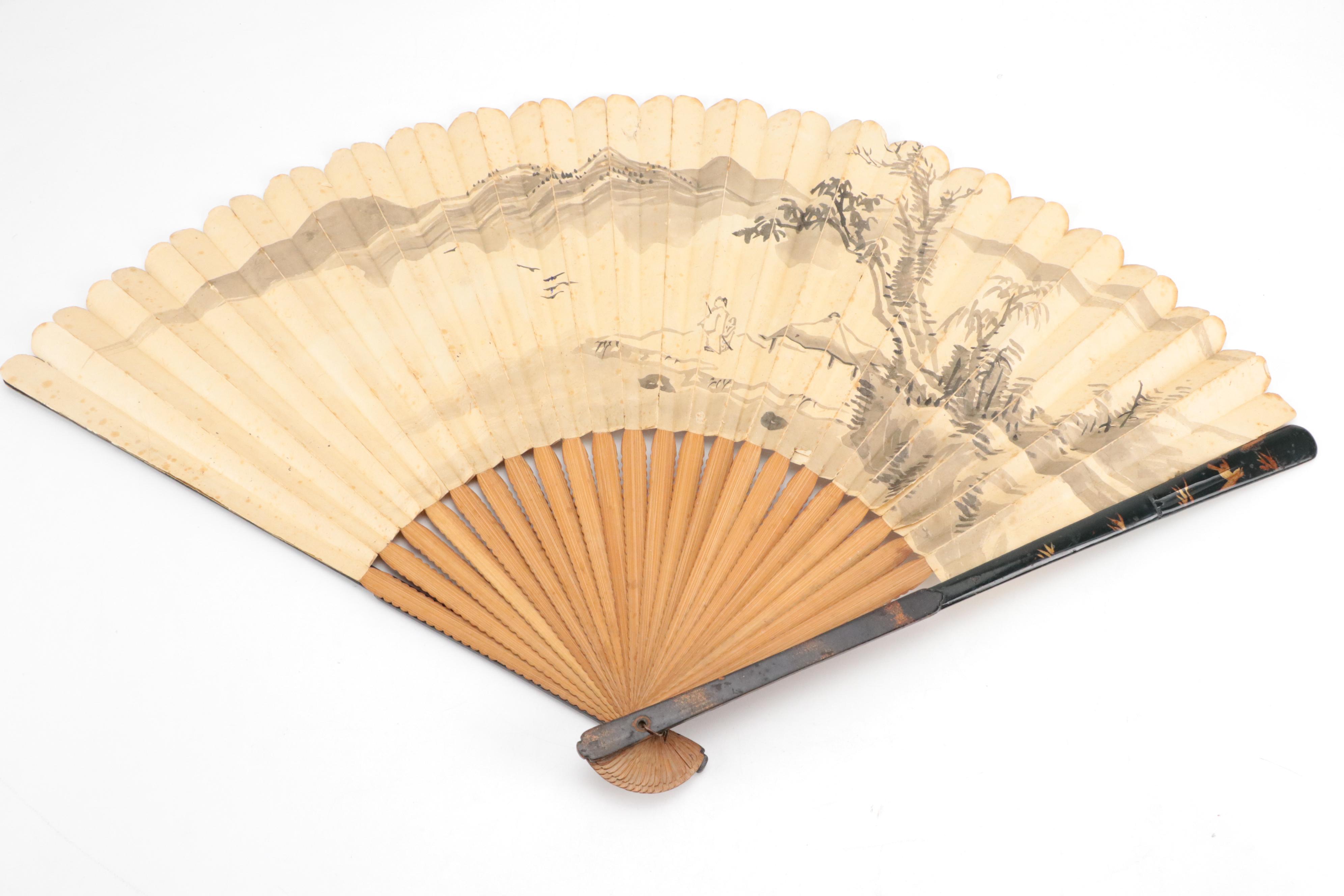 Hand-Painted Paper Folding Fan with Ebonized Wood Folding Fans