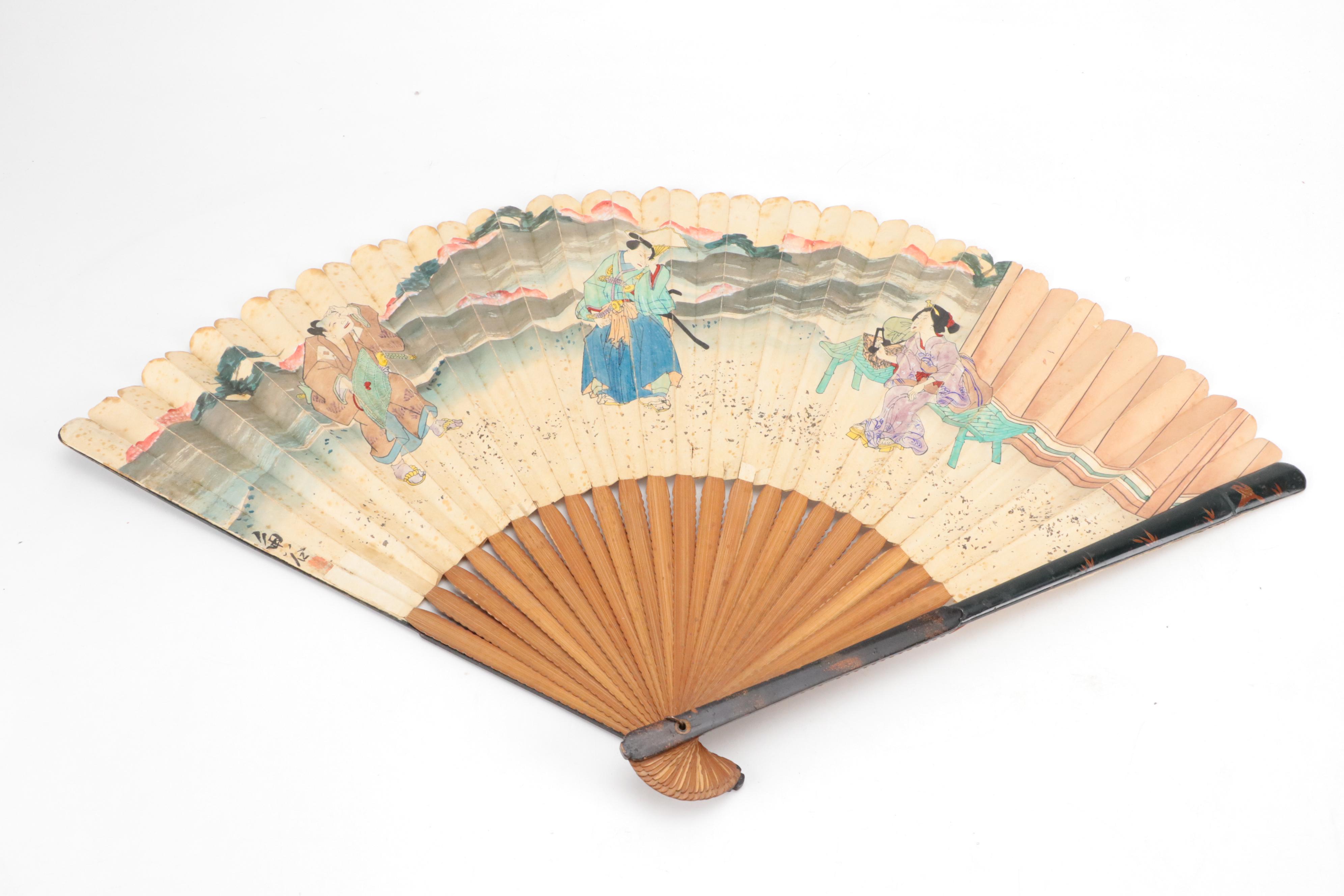 Hand-Painted Paper Folding Fan with Ebonized Wood Folding Fans
