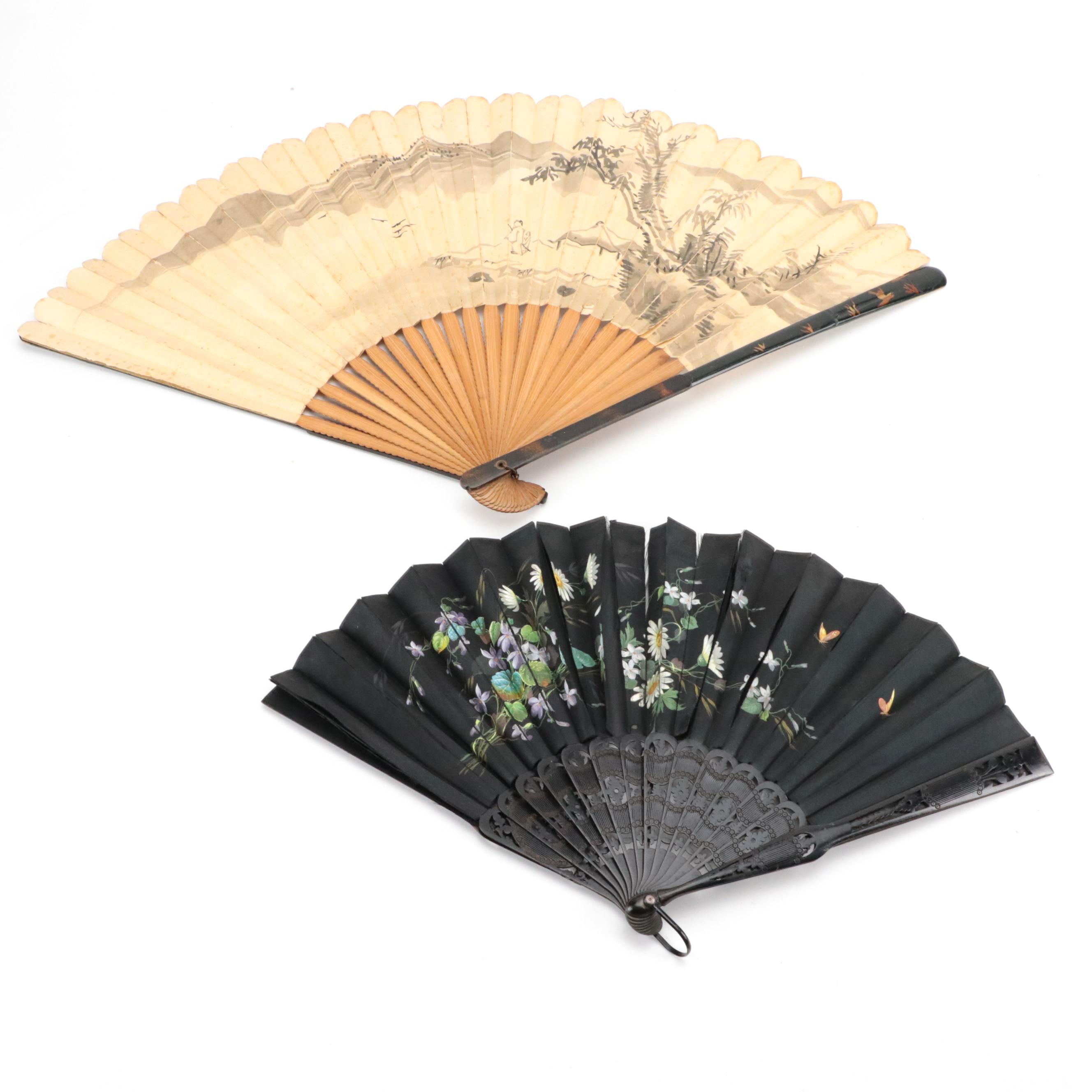 Hand-Painted Paper Folding Fan with Ebonized Wood Folding Fans