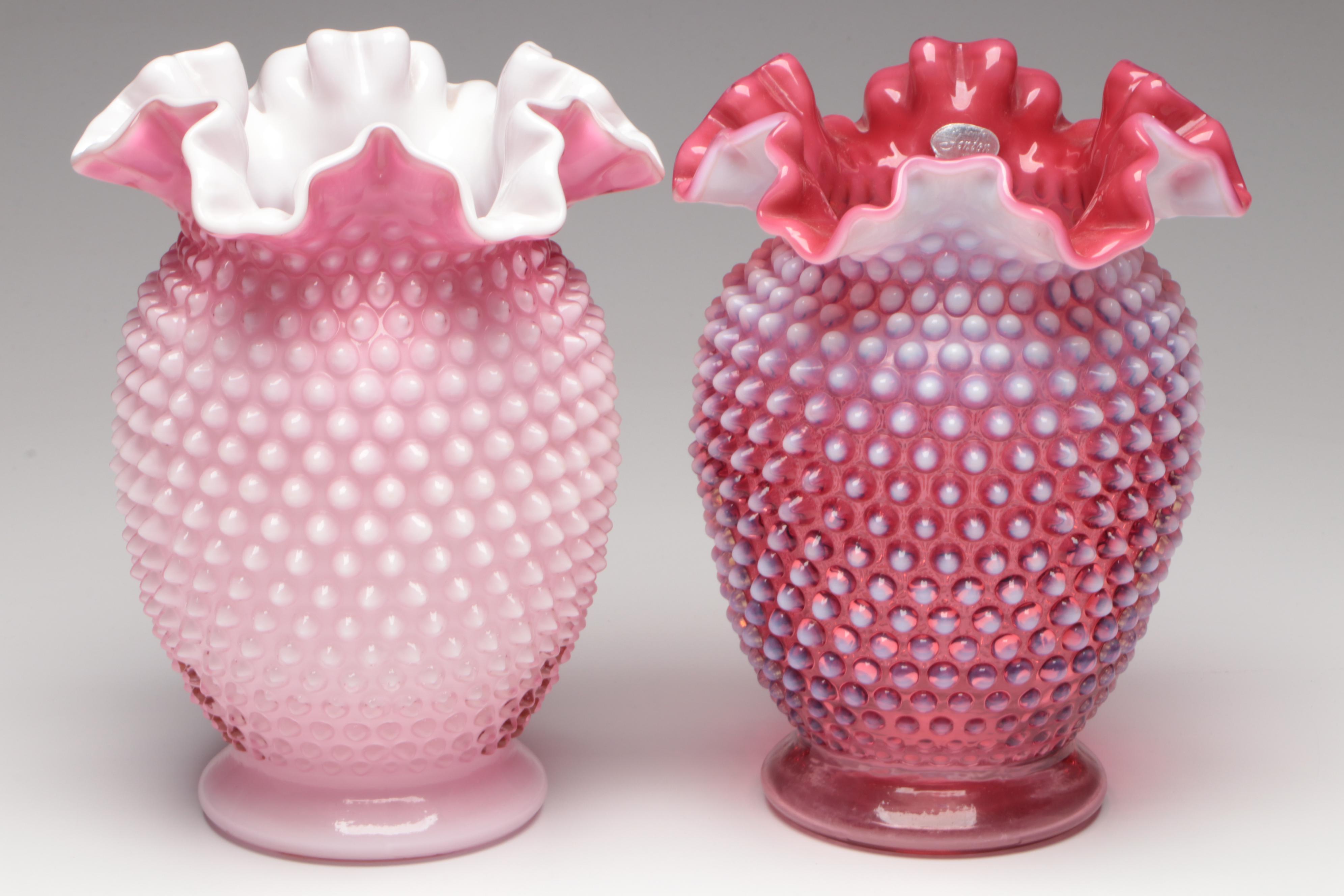 Fenton Cranberry Opalescent Glass Hobnail Vases