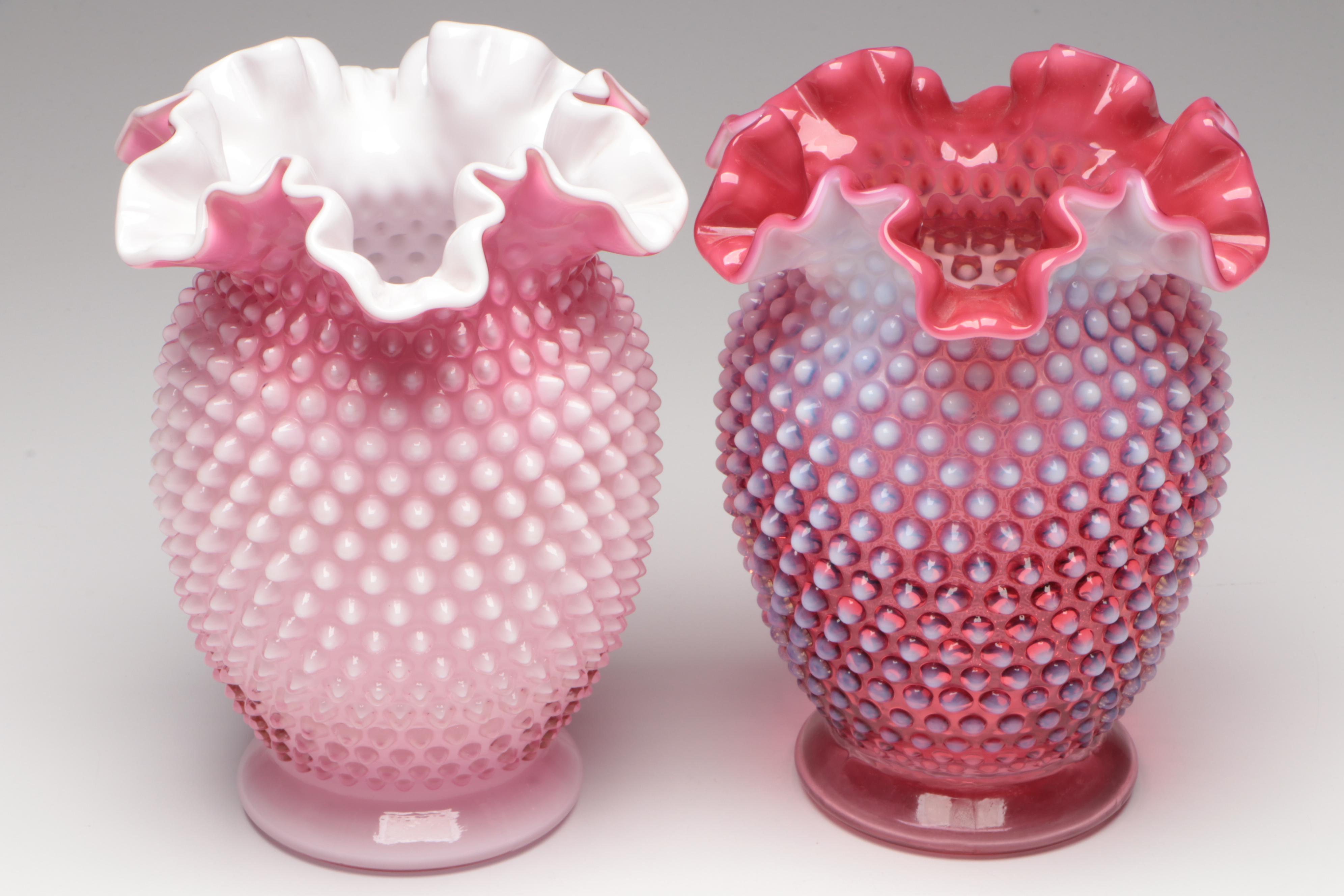 Fenton Cranberry Opalescent Glass Hobnail Vases