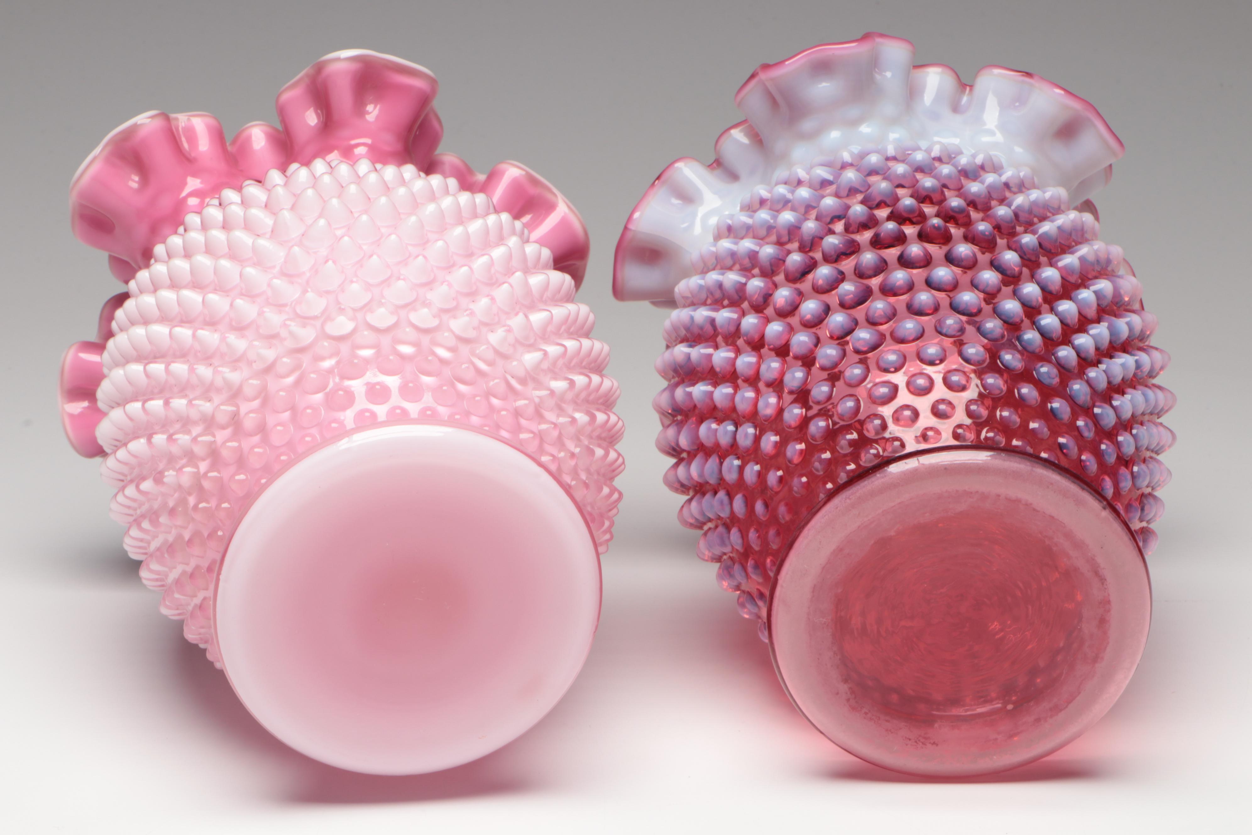 Fenton Cranberry Opalescent Glass Hobnail Vases