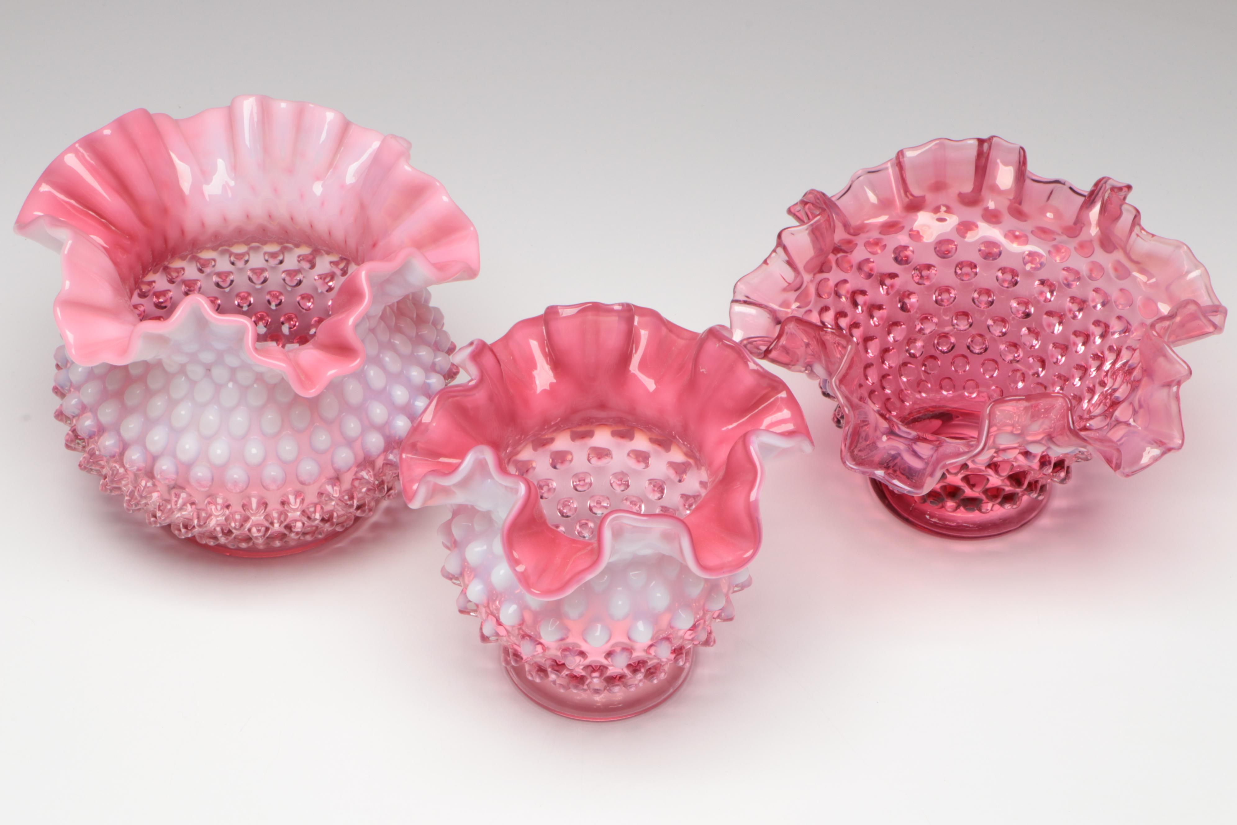 Fenton Cranberry Opalescent Glass Hobnail Vases