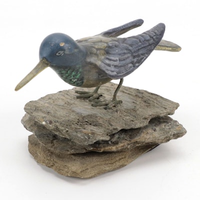 Enameled Metal Bird Figurine Perched on Rock