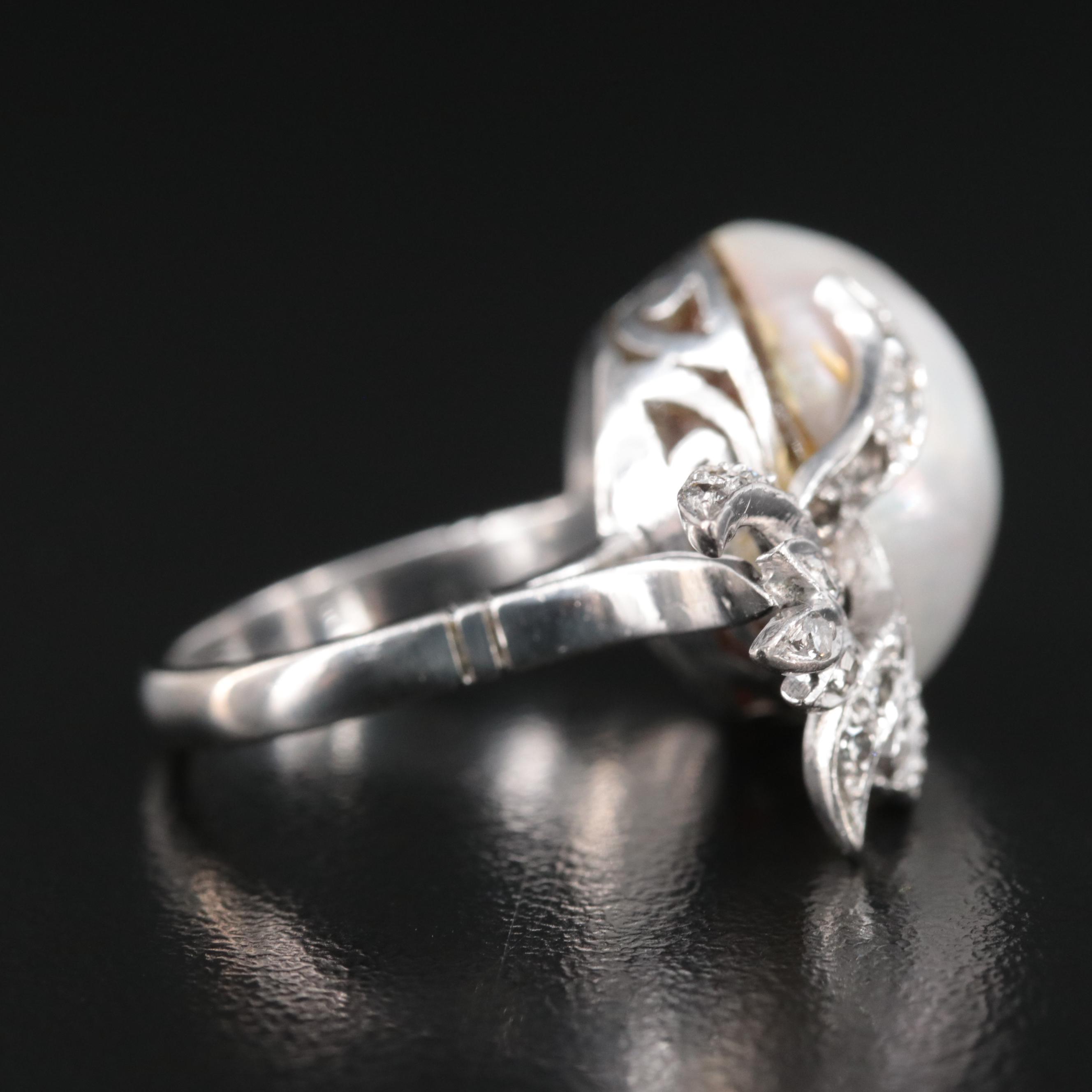 Silver Palladium Alloy Pearl and Diamond Ring