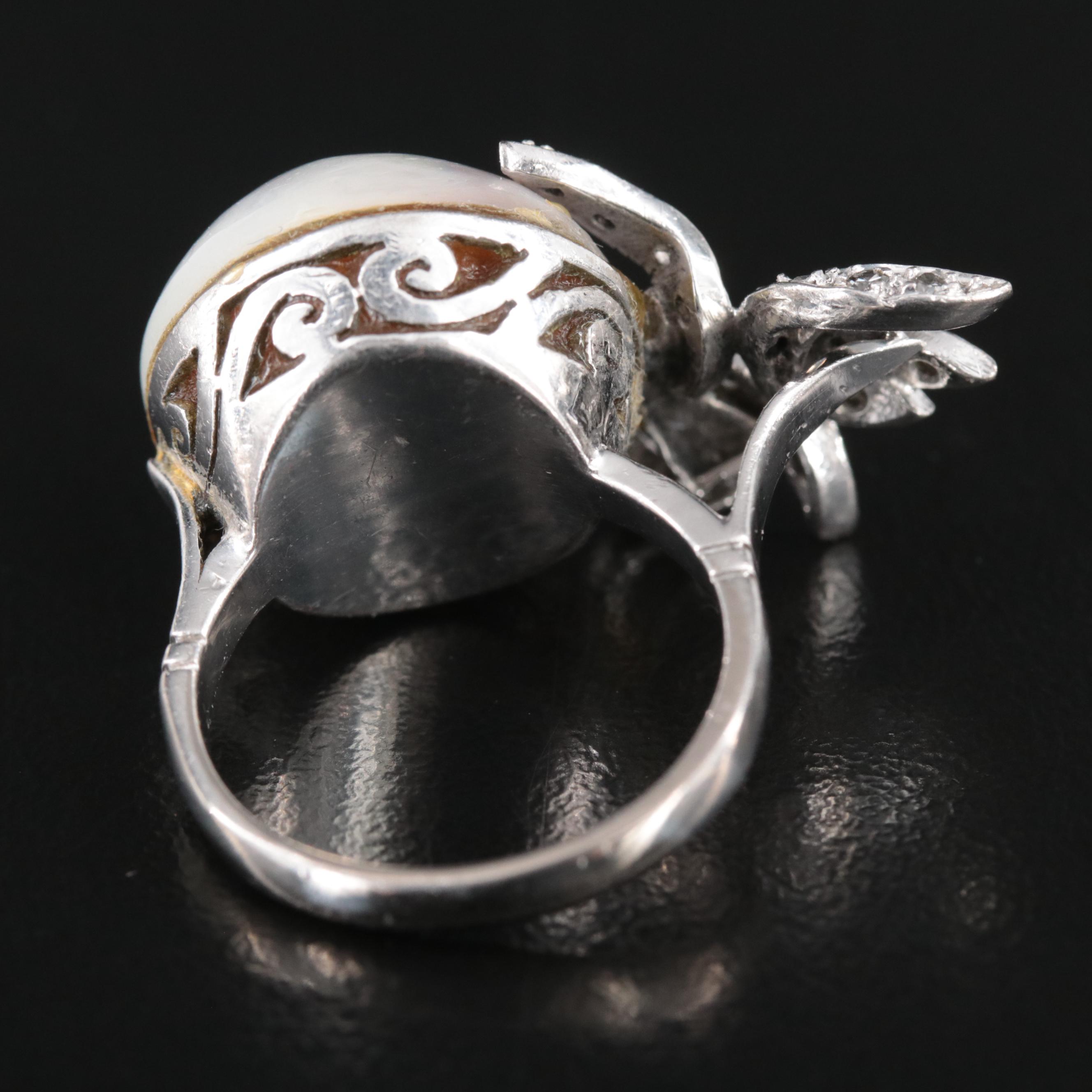 Silver Palladium Alloy Pearl and Diamond Ring