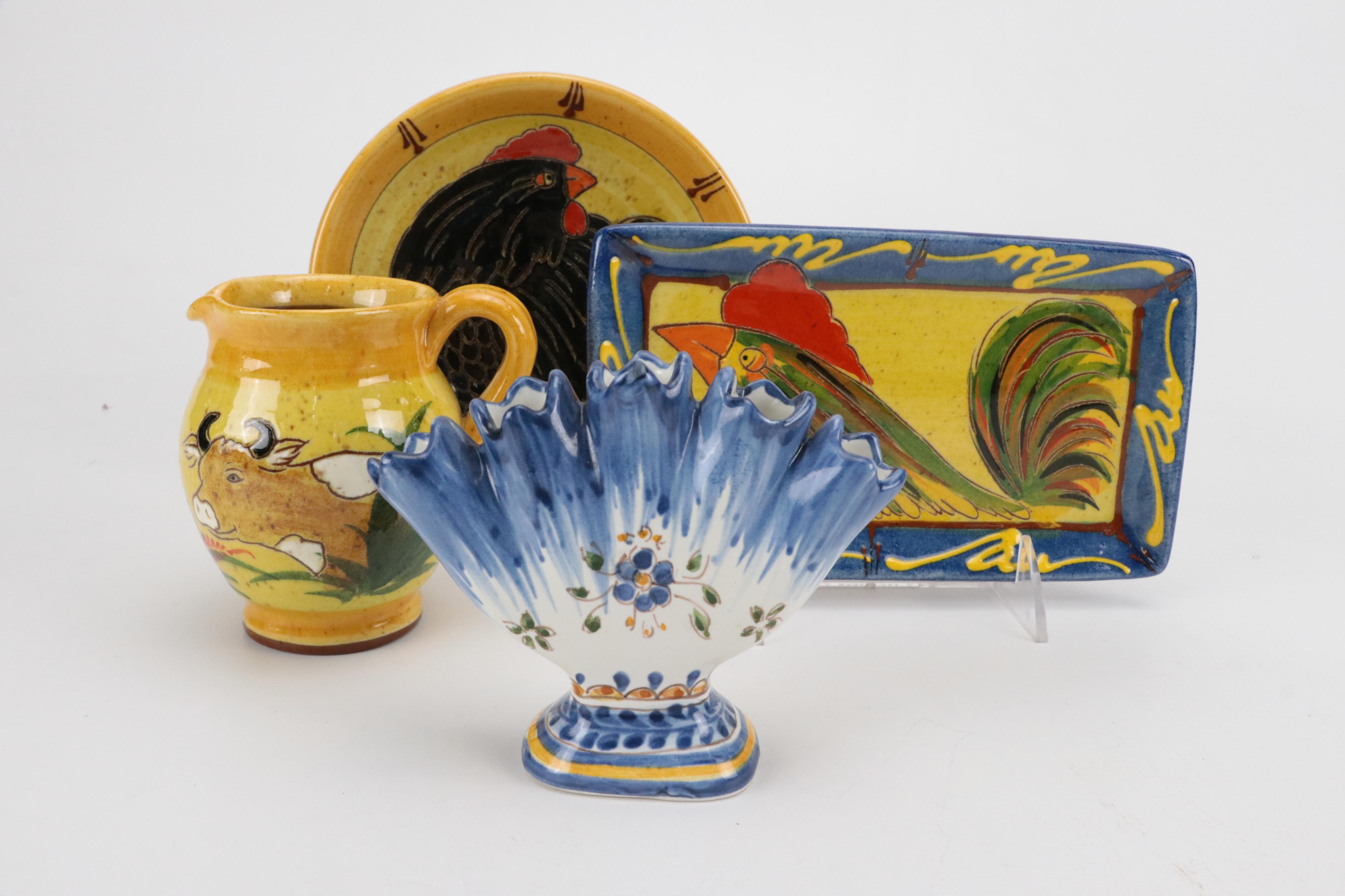 Keif Pottery German Chicken Dish and Bowl with Cow Creamer and Other Vase