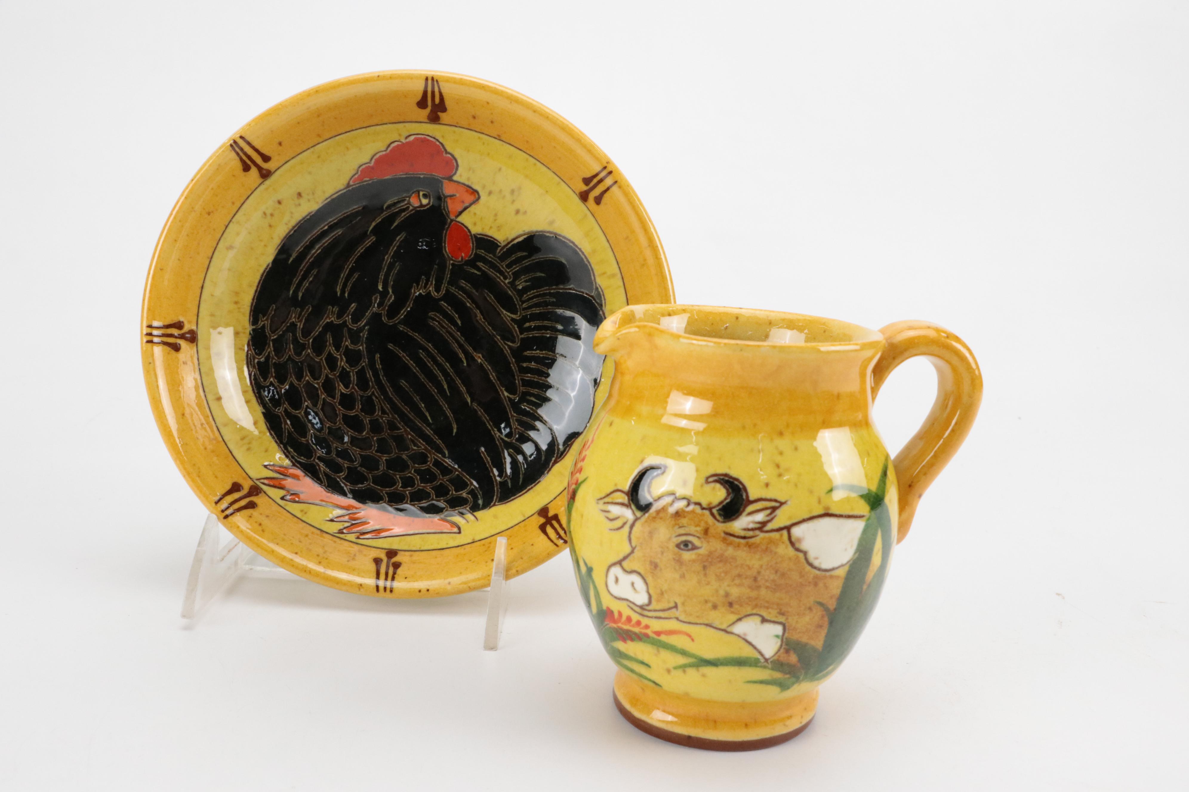 Keif Pottery German Chicken Dish and Bowl with Cow Creamer and Other Vase