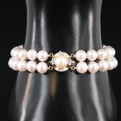 14K Pearl and Diamond Double Strand Bracelet