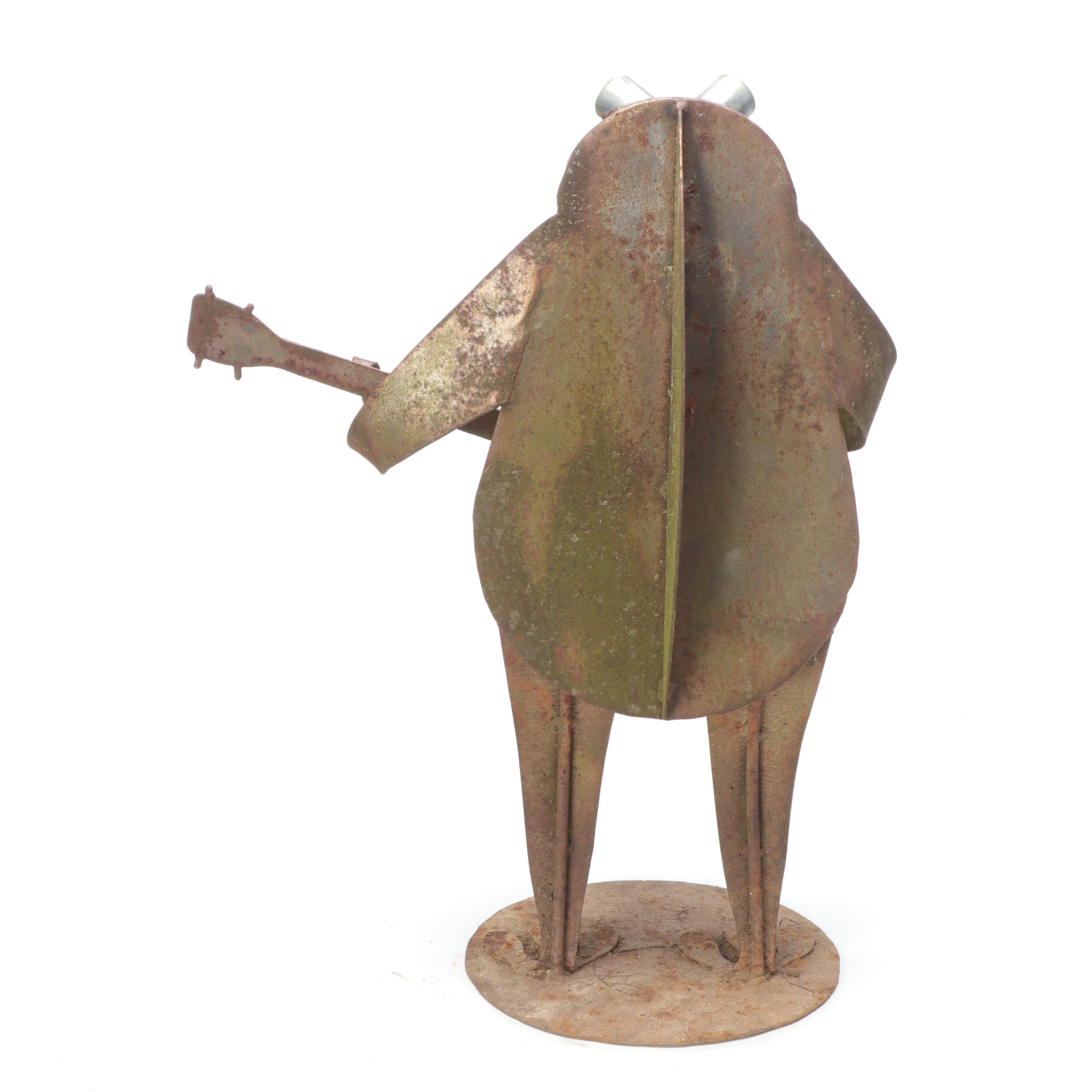 Scrap Metal Folk Art Sculpture of a Frog Playing a Banjo